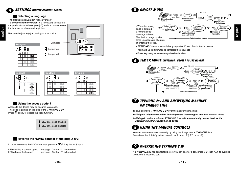 On/off mode, Timer mode, Typhone 2 | And answering machine on shared line, Using the manual controls, Overriding typhone 2, Settings, Ba b a | Delta Dore TYPHONE 2 SV User Manual | Page 6 / 10
