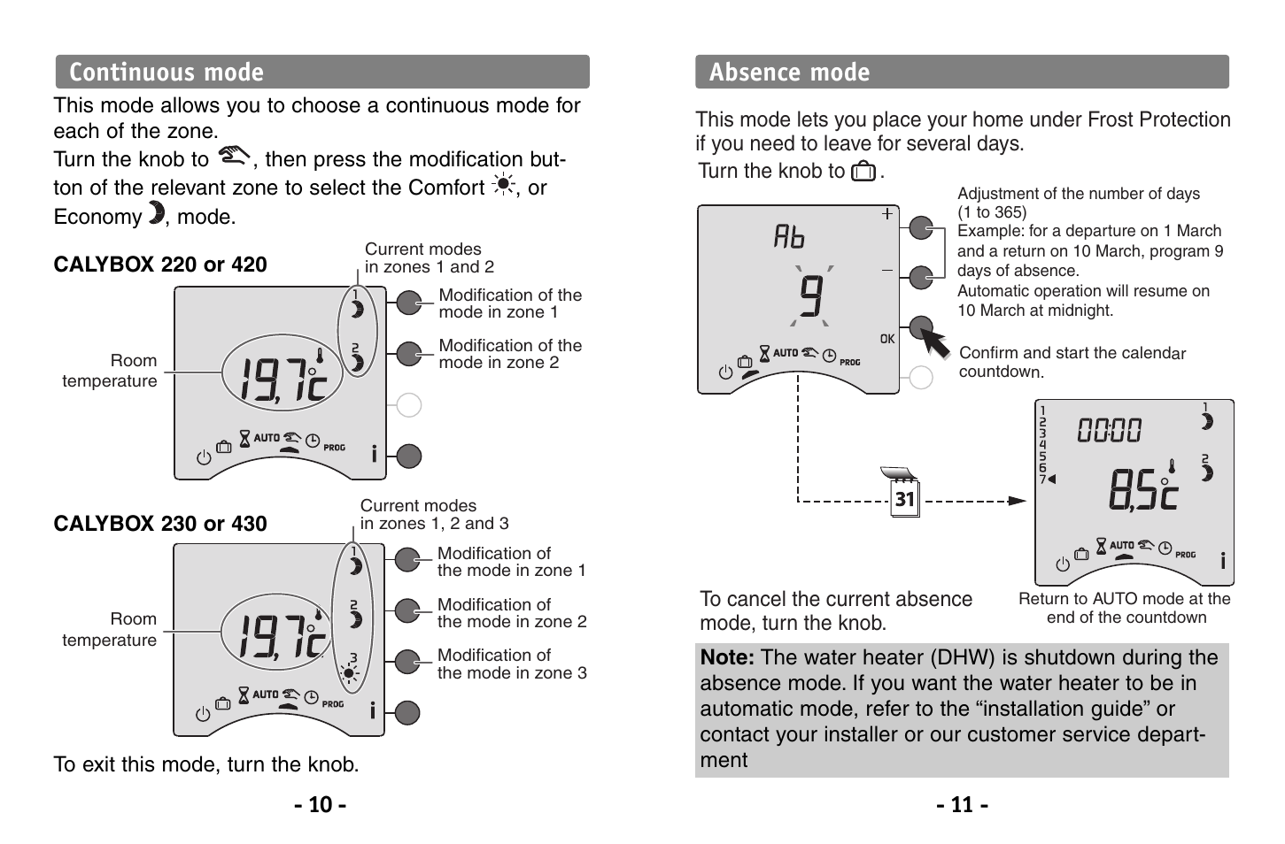 Absence mode, Continuous mode | Delta Dore 230 CALYBOX User Manual | Page 6 / 18