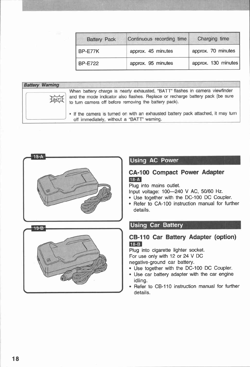 Using ac power, Ca-100 compact power adapter, Using car battery | Cb-110 car battery adapter (option), Using ac power using car battery, О$$о | Canon E 230 User Manual | Page 18 / 92