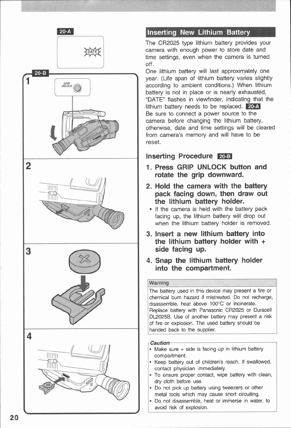 Inserting new lithium battery | Canon E 230 User Manual | Page 20 / 92