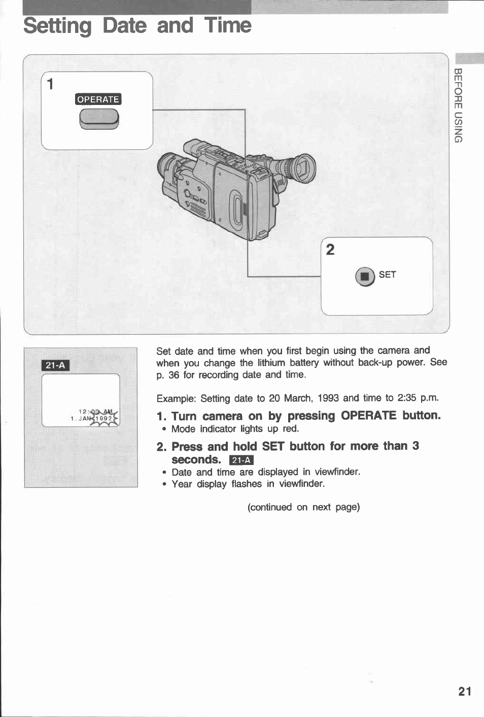 Setting date and time, Turn camera on by pressing operate button | Canon E 230 User Manual | Page 21 / 92