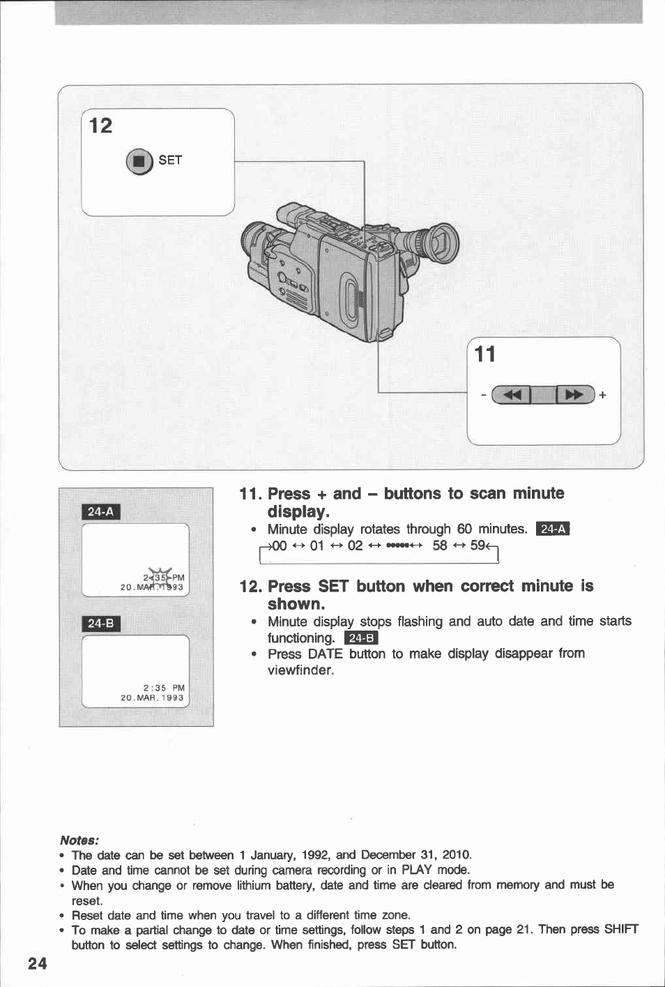 Press + and - buttons to scan minute, Display, Press set button when correct minute is shown | Measm, Press + and - buttons to scan minute display | Canon E 230 User Manual | Page 24 / 92