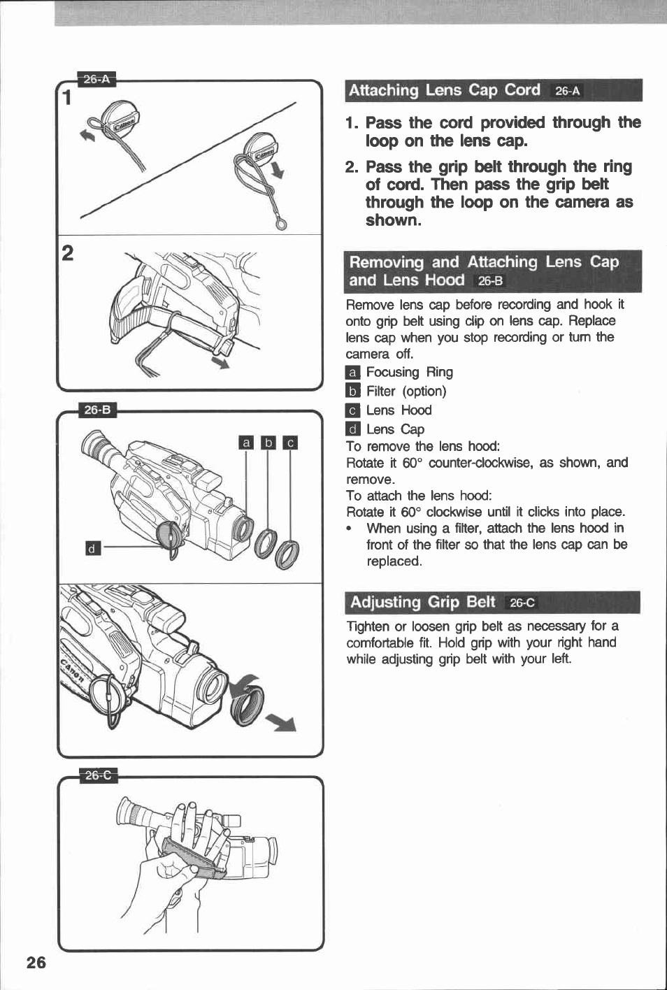 Attaching lens cap cord 26-a, Removing and attaching lens cap and lens hood 26-b, Attaching lens cap cord | Removing and attaching lens cap and lens hood | Canon E 230 User Manual | Page 26 / 92