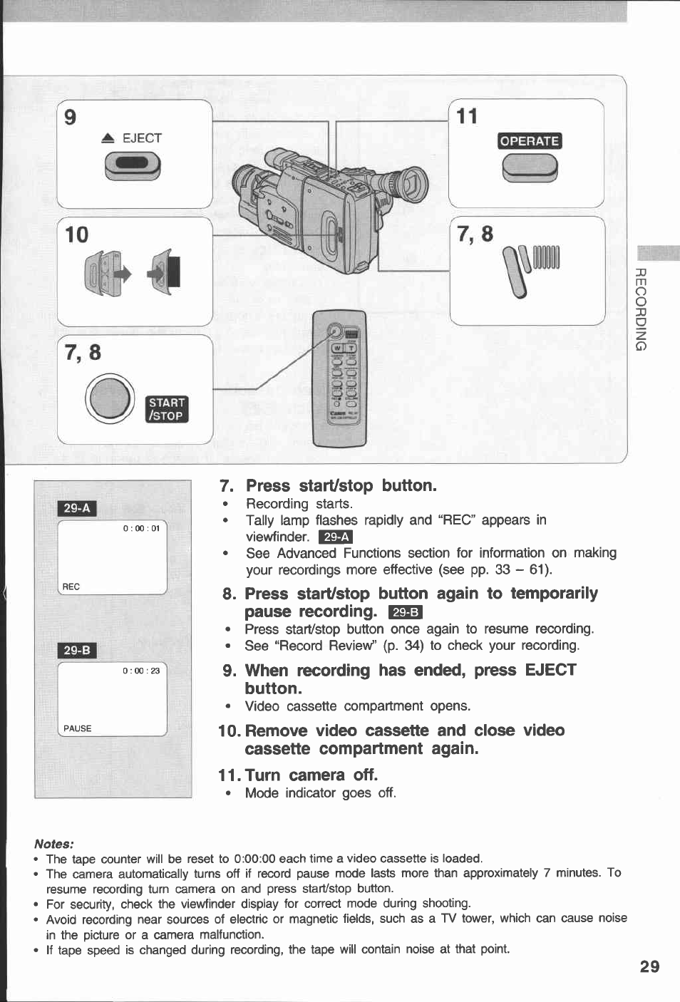 Press start/stop button, When recording has ended, press eject button, Turn camera off | Canon E 230 User Manual | Page 29 / 92