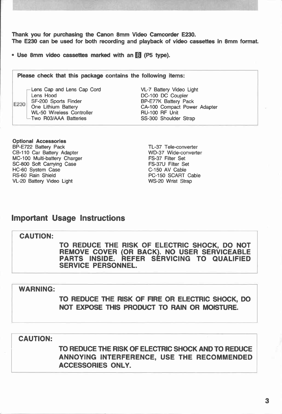 Important usage instructions | Canon E 230 User Manual | Page 3 / 92