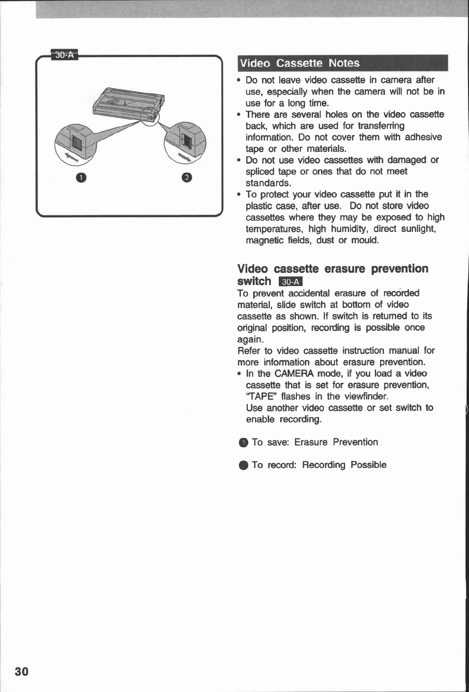 Video cassette notes, Video cassette erasure prevention switch icggi | Canon E 230 User Manual | Page 30 / 92