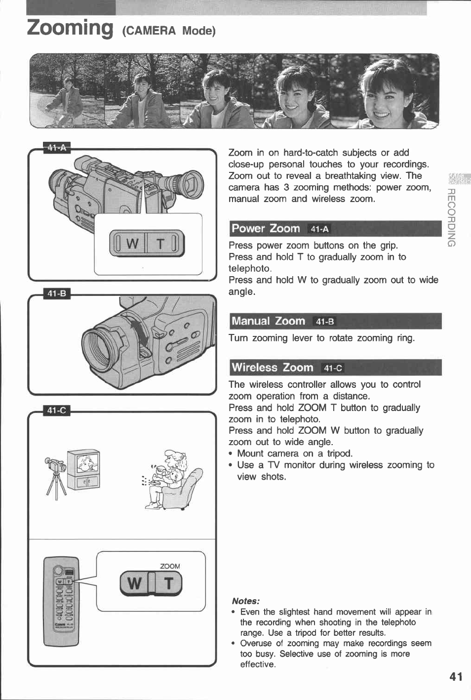 Zooming (camera mode), Power zoom 41-a, Manual zoom 4i-b | Wireless zoom 4i-c, Zooming | Canon E 230 User Manual | Page 41 / 92