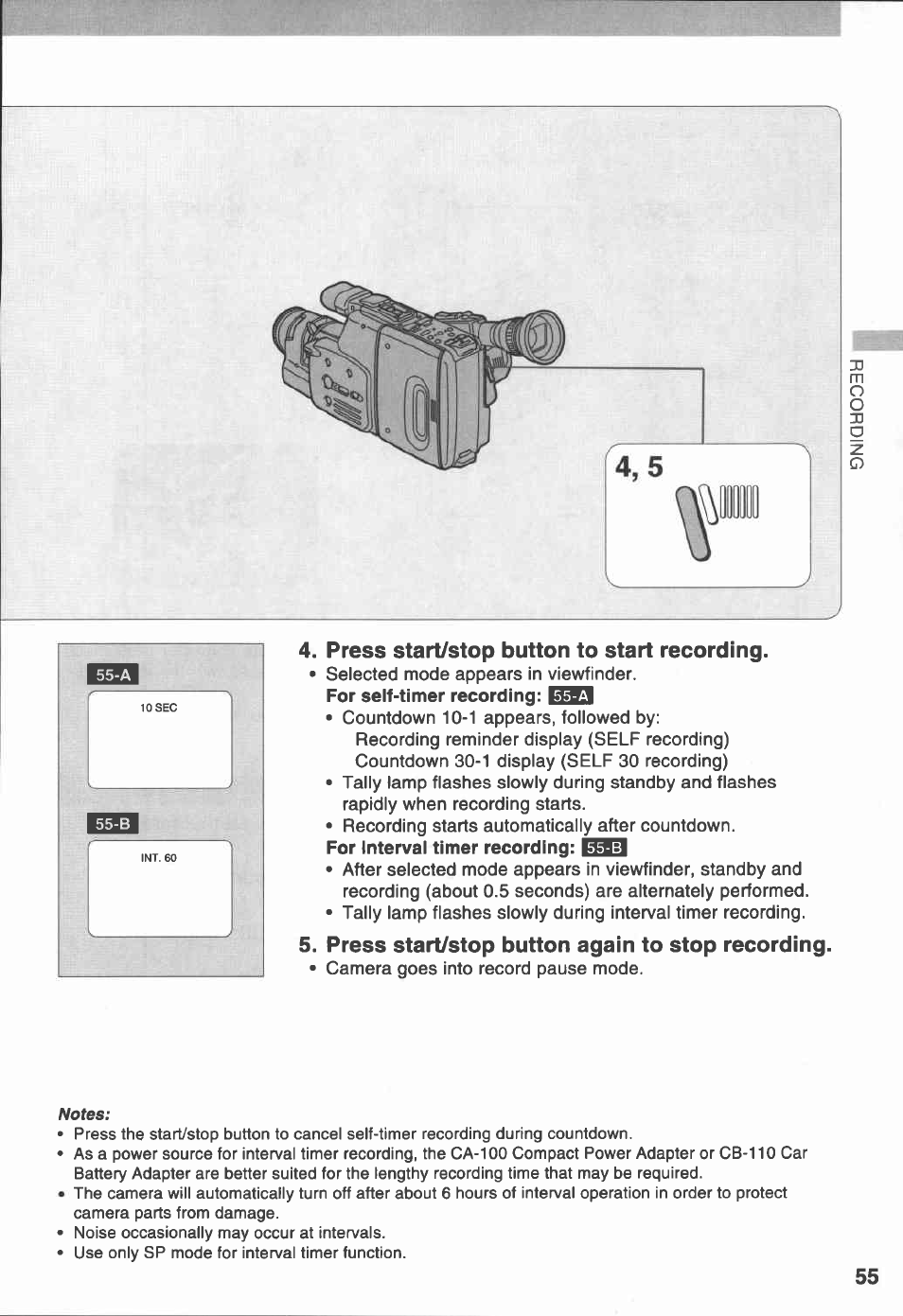 Press start/stop button to start recording, Press start/stop button again to stop recording | Canon E 230 User Manual | Page 55 / 92