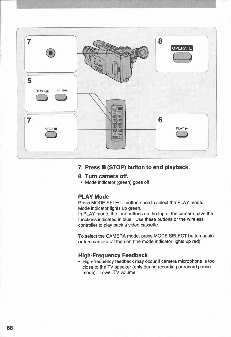 Press ■ (stop) button to end playback, Turn camera off, Play mode | High-frequency feedback | Canon E 230 User Manual | Page 68 / 92