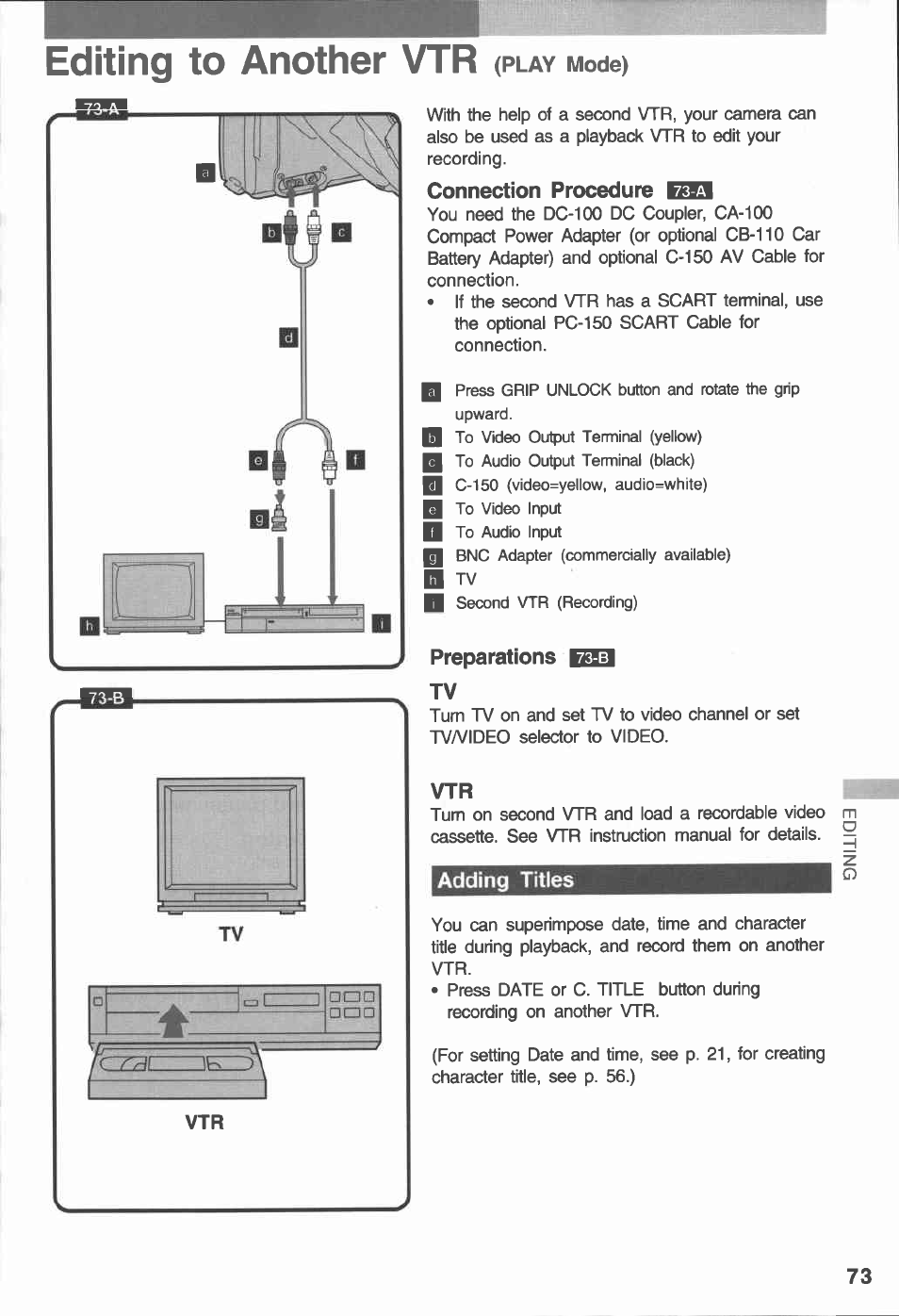 Editing to another vtr (play mode), Connection procedure rgl, Preparations e13 tv | Editing to another vtr, Play mode), Adding titles | Canon E 230 User Manual | Page 73 / 92