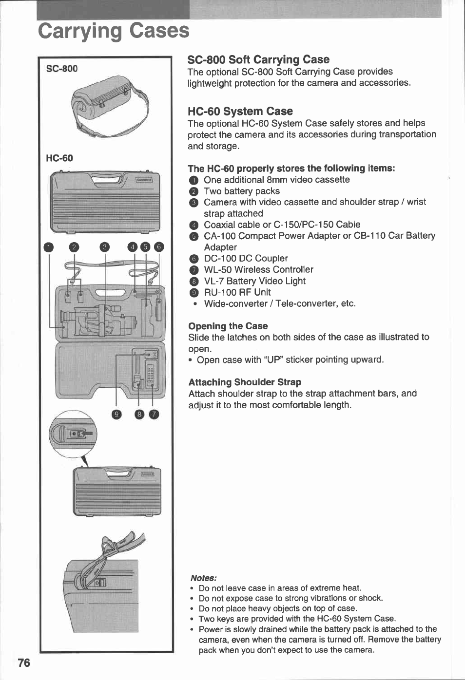 Carrying cases, Sc-800 soft carrying case, Hc-60 system case | Canon E 230 User Manual | Page 76 / 92