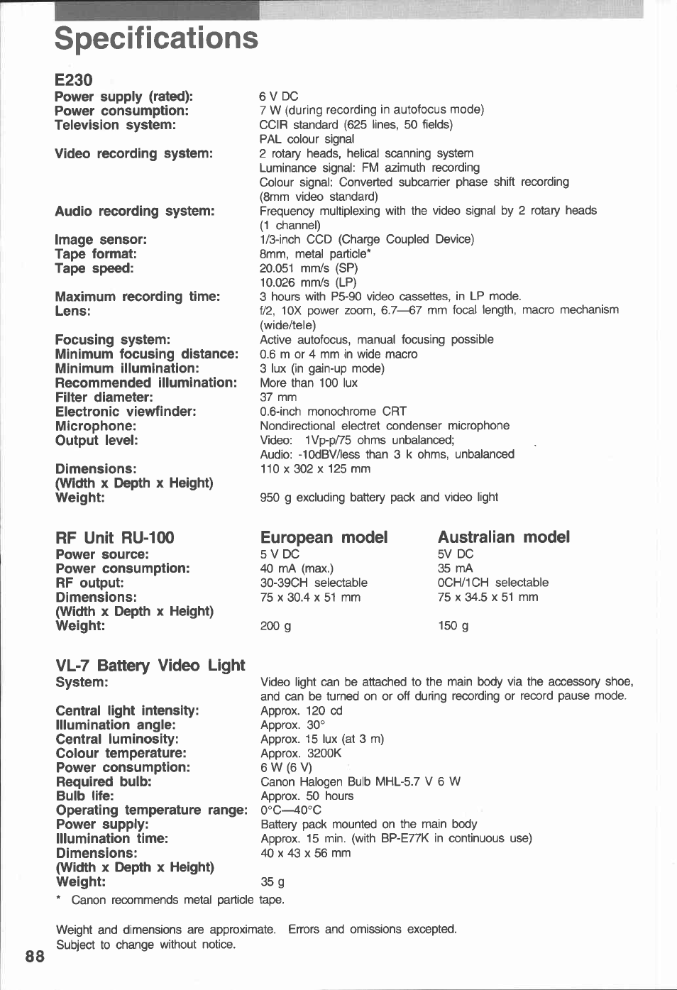 Specifications, European model, Australian model | E230, Rf unit ru-100, Vl-7 battery video light | Canon E 230 User Manual | Page 88 / 92