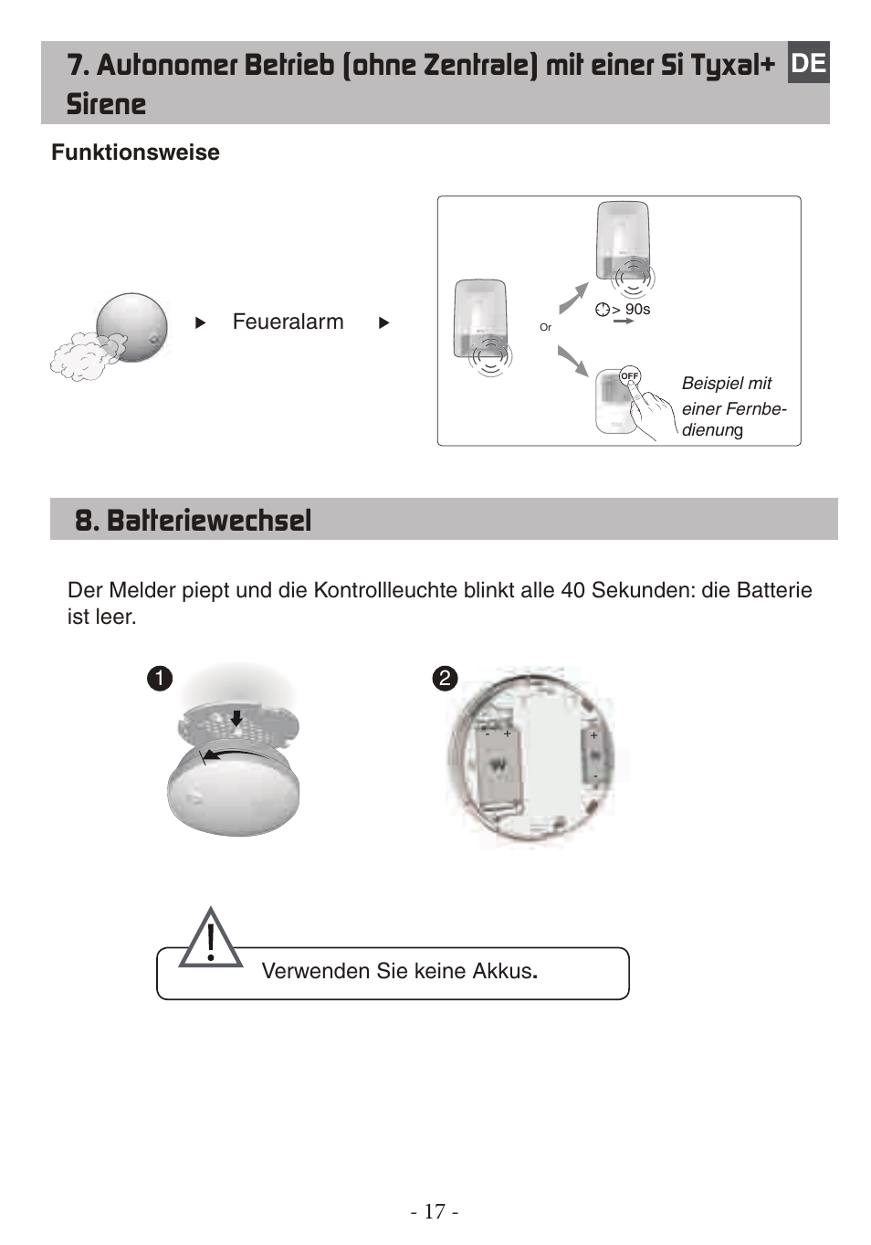 Batteriewechsel, Funktionsweise, Feueralarm | Delta Dore DFR TYXAL+ User Manual | Page 17 / 32