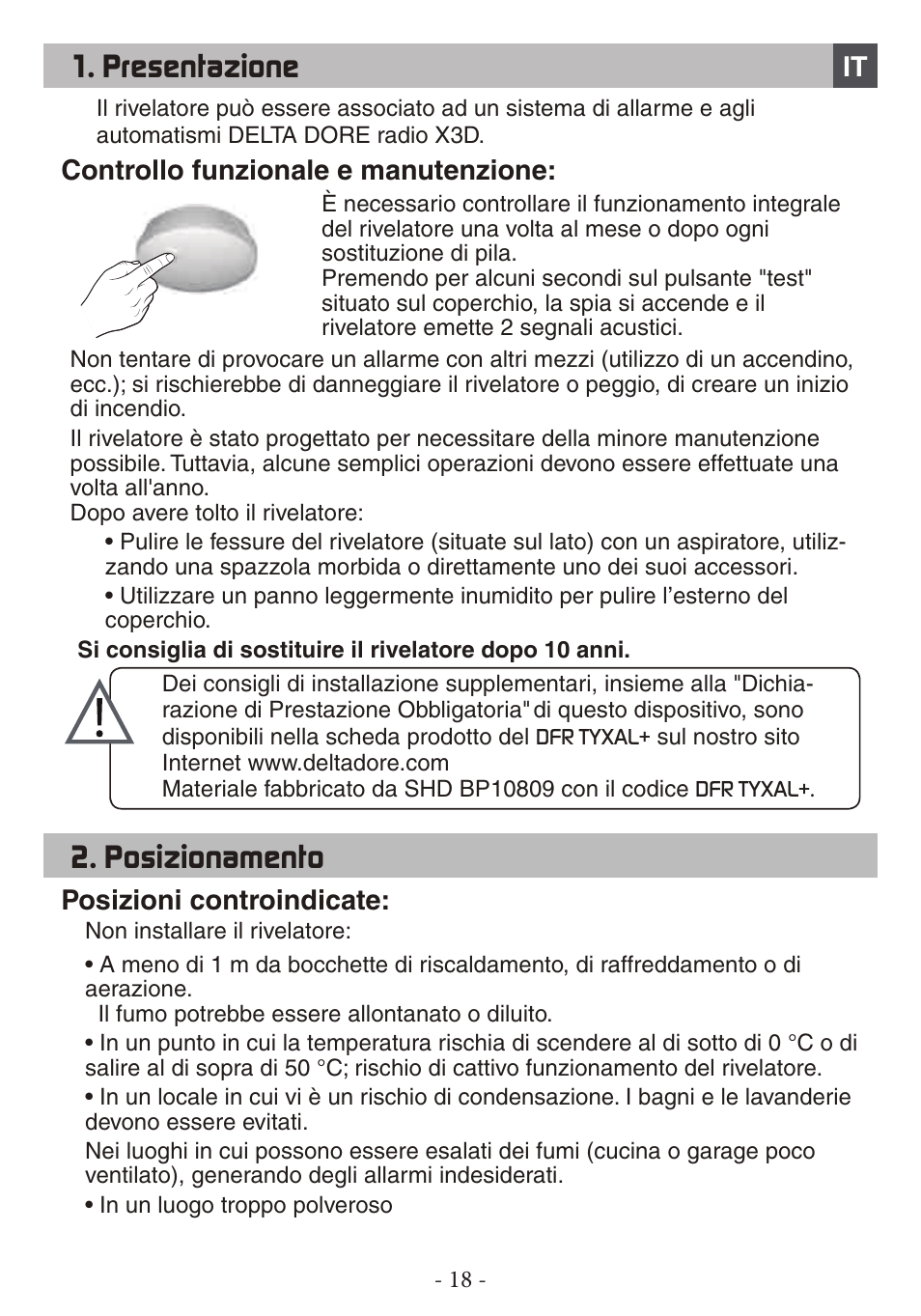 Presentazione, Posizionamento | Delta Dore DFR TYXAL+ User Manual | Page 18 / 32