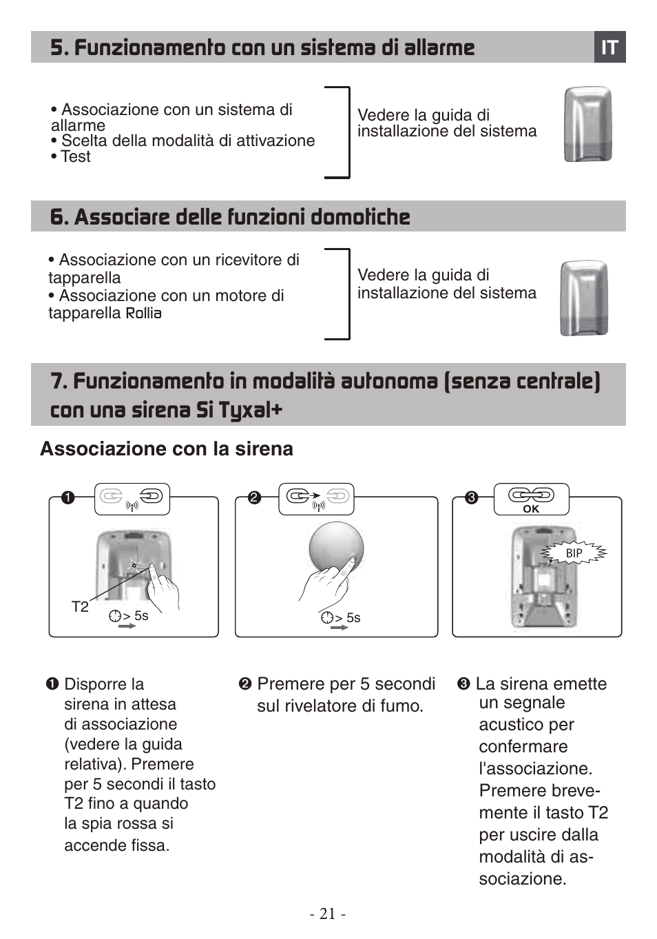 Funzionamento con un sistema di allarme, Associazione con la sirena | Delta Dore DFR TYXAL+ User Manual | Page 21 / 32