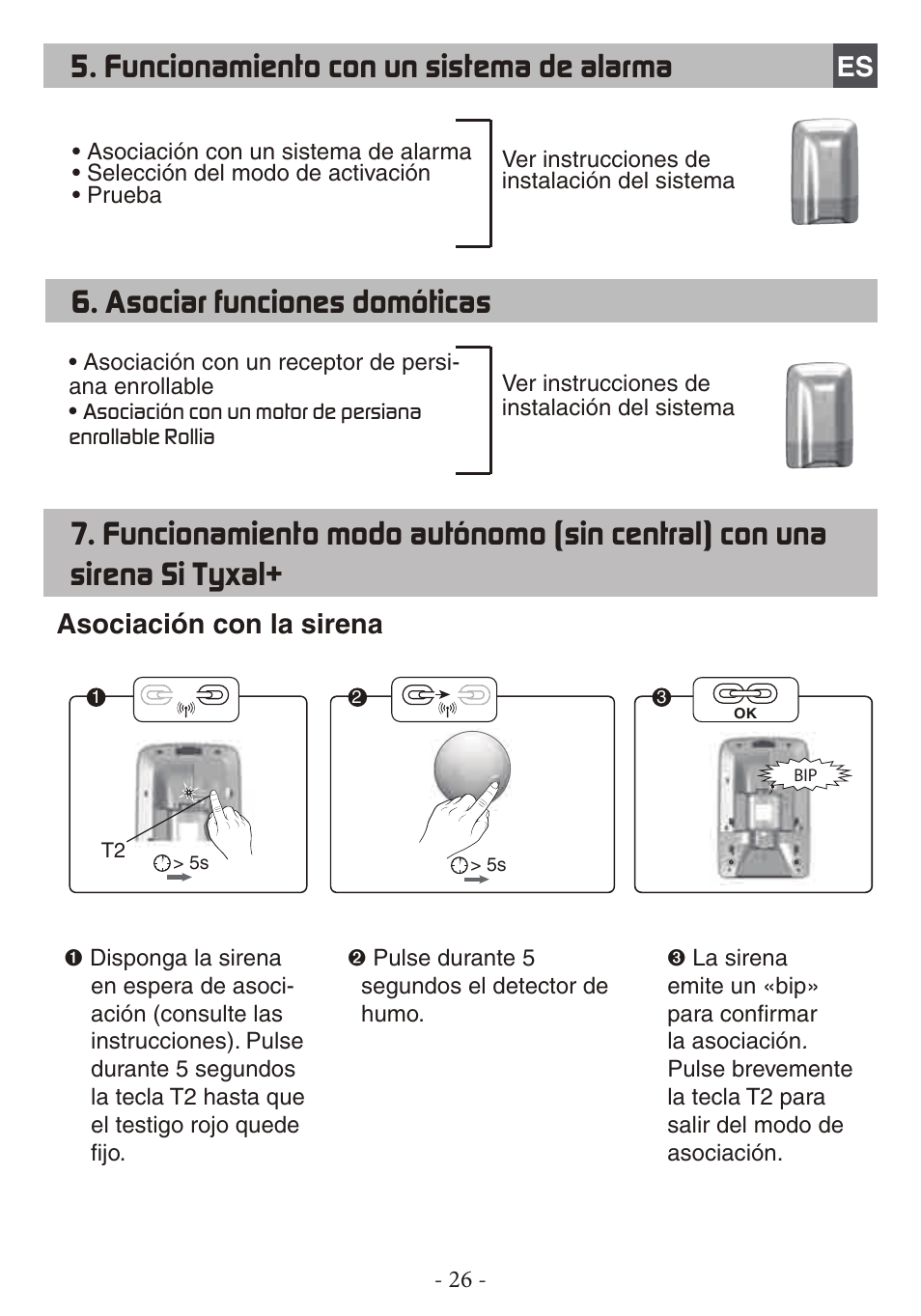 Funcionamiento con un sistema de alarma, Asociación con la sirena | Delta Dore DFR TYXAL+ User Manual | Page 26 / 32
