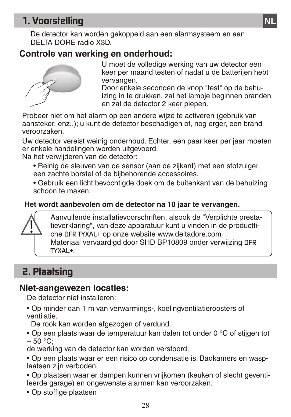 Voorstelling, Plaatsing | Delta Dore DFR TYXAL+ User Manual | Page 28 / 32