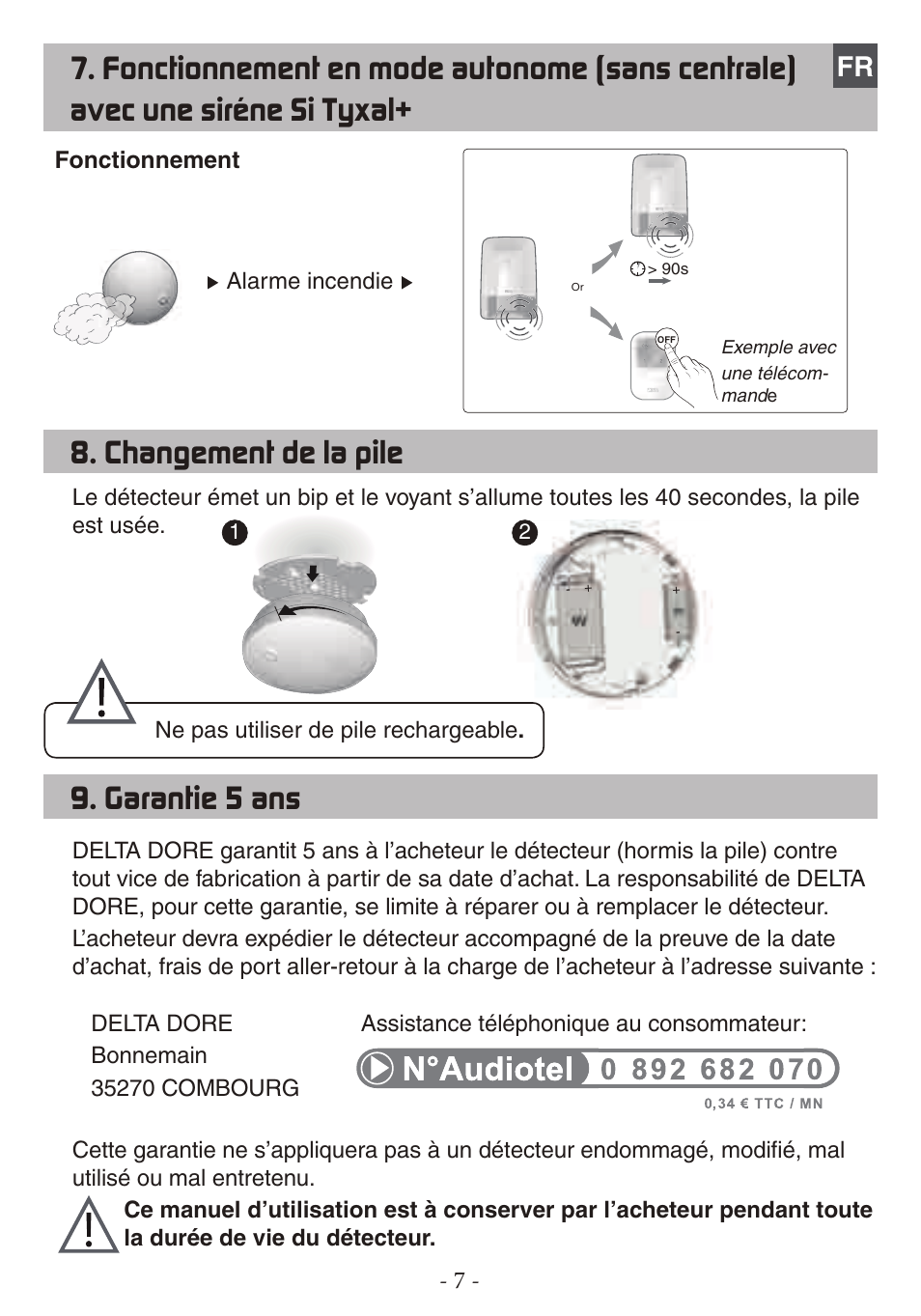 Changement de la pile, Garantie 5 ans, Fonctionnement | Delta Dore DFR TYXAL+ User Manual | Page 7 / 32