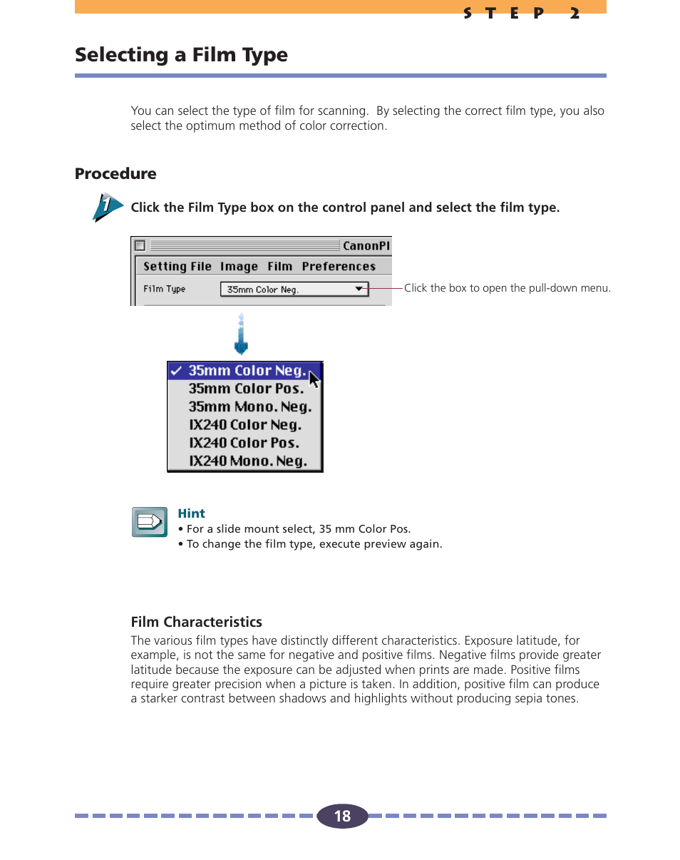 Selecting a film type, P. 18, P. 18) | Output device | Canon FS 2710 User Manual | Page 18 / 80