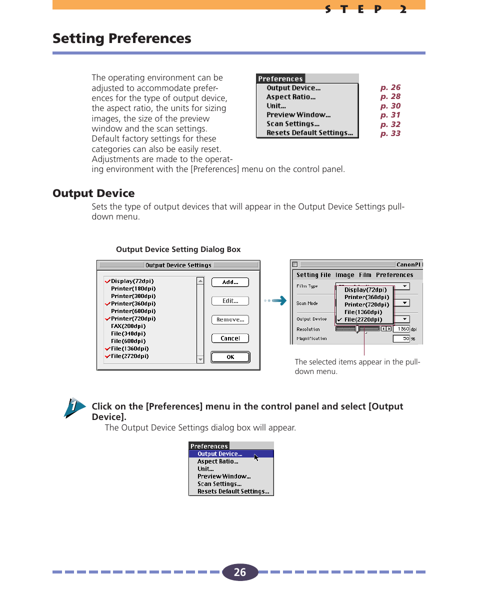 Setting preferences, Output device, P. 26 | Ences, P. 26), Film position after scanning | Canon FS 2710 User Manual | Page 26 / 80