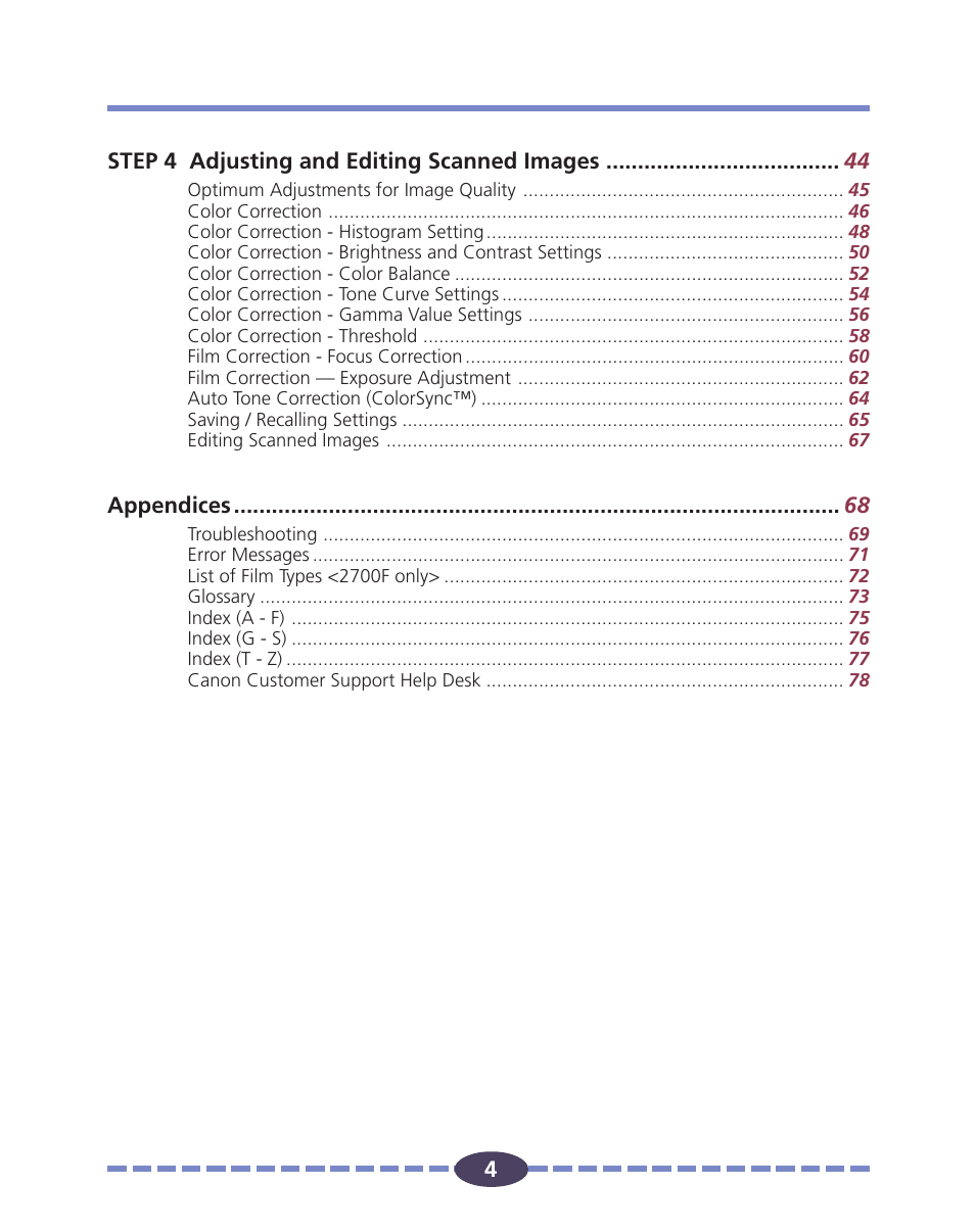 4step 4 adjusting and editing scanned images, Appendices | Canon FS 2710 User Manual | Page 4 / 80