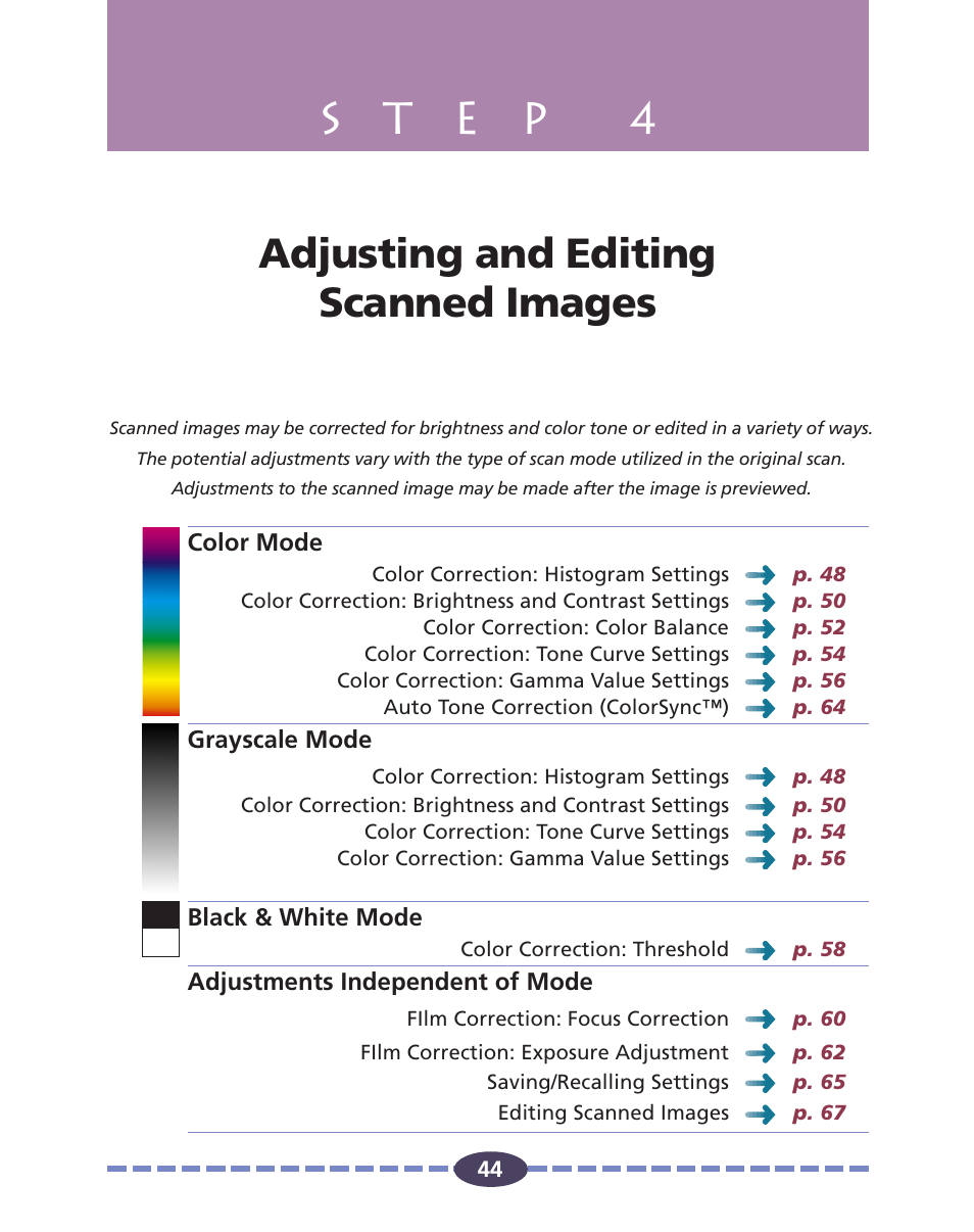 Step 4 adjusting and editing scanned images, P. 44, Adjusting and editing scanned images | Canon FS 2710 User Manual | Page 44 / 80