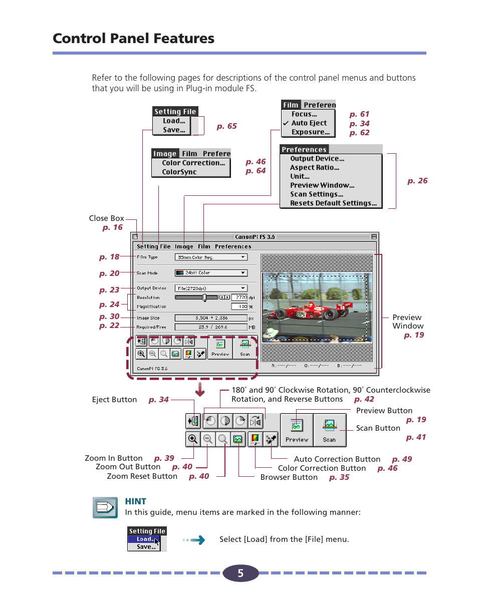 Control panel features | Canon FS 2710 User Manual | Page 5 / 80