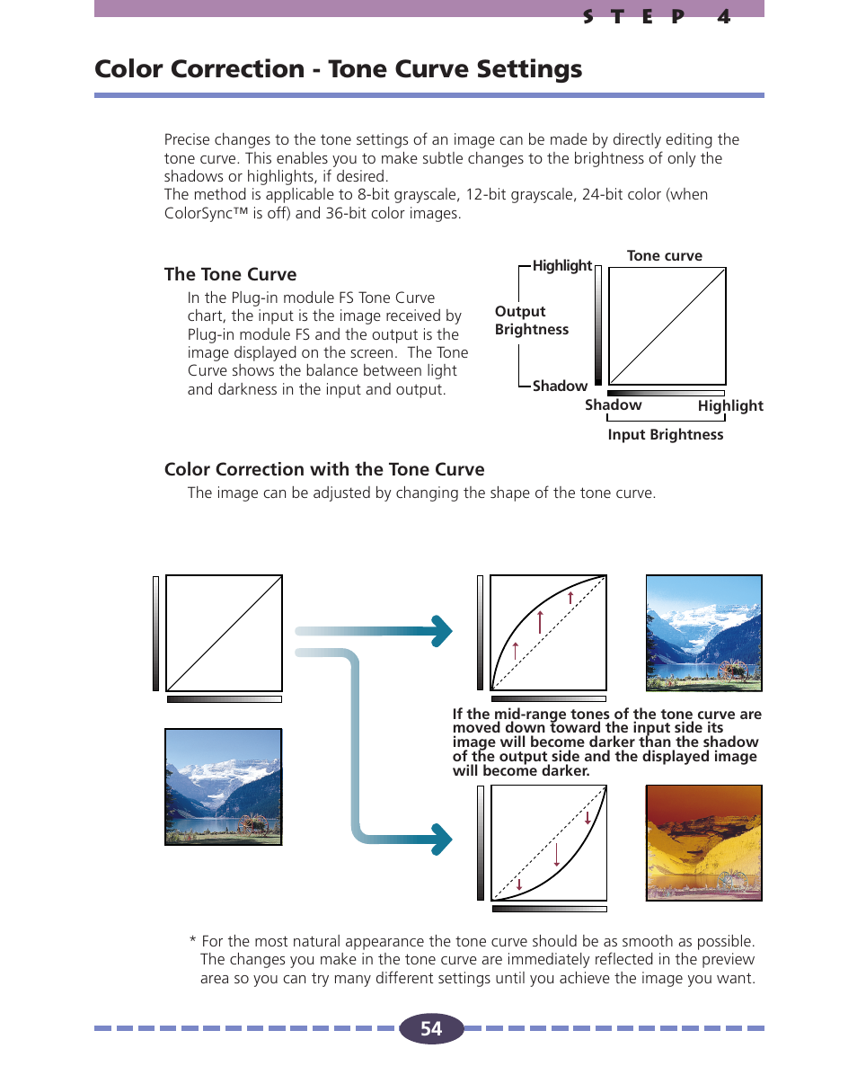Color correction - tone curve settings, P. 54, Brightness | P. 54), One curve | Canon FS 2710 User Manual | Page 54 / 80