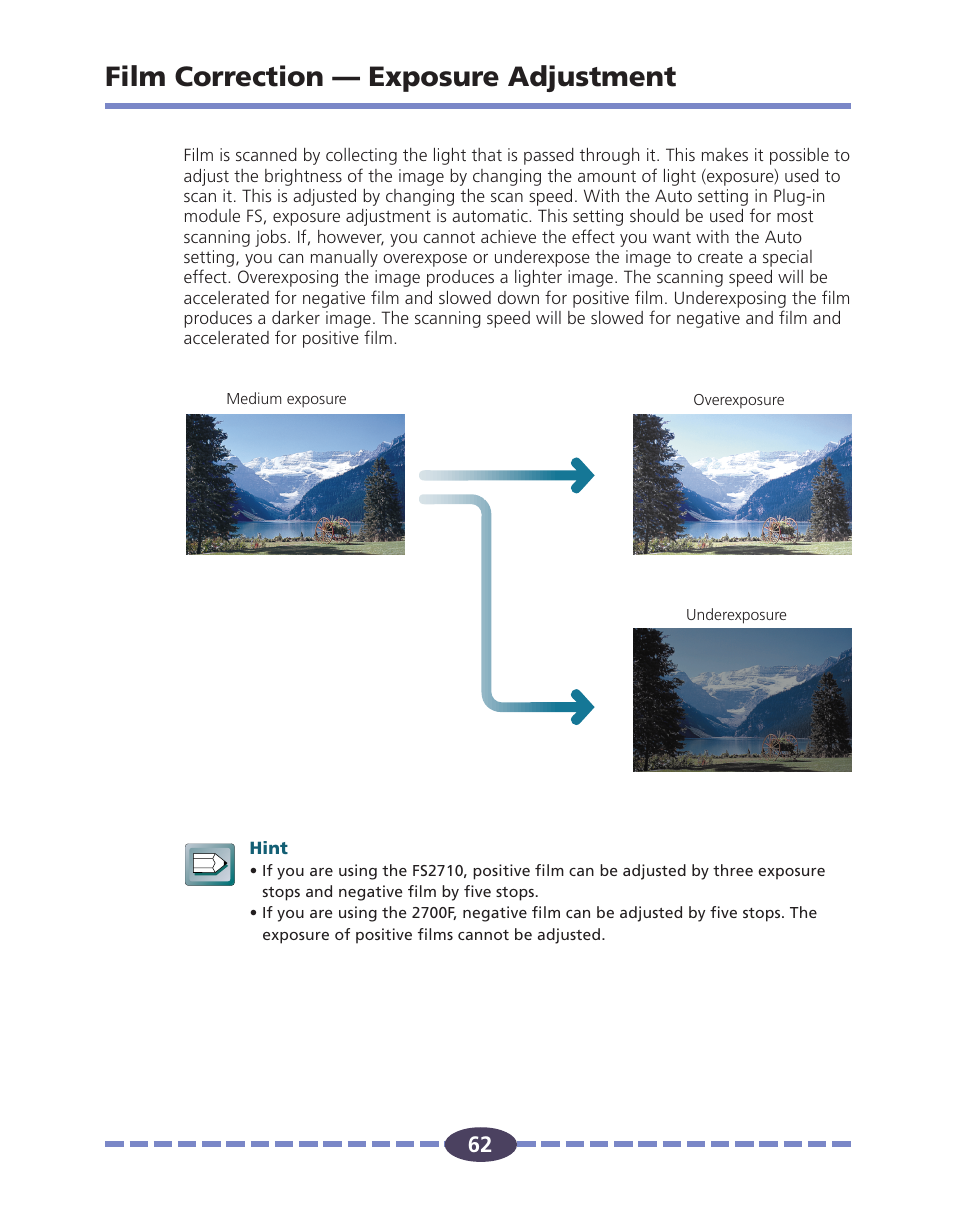 Film correction  exposure adjustment, Film correction — exposure adjustment, P. 62 | Ness of the image, P. 62) | Canon FS 2710 User Manual | Page 62 / 80