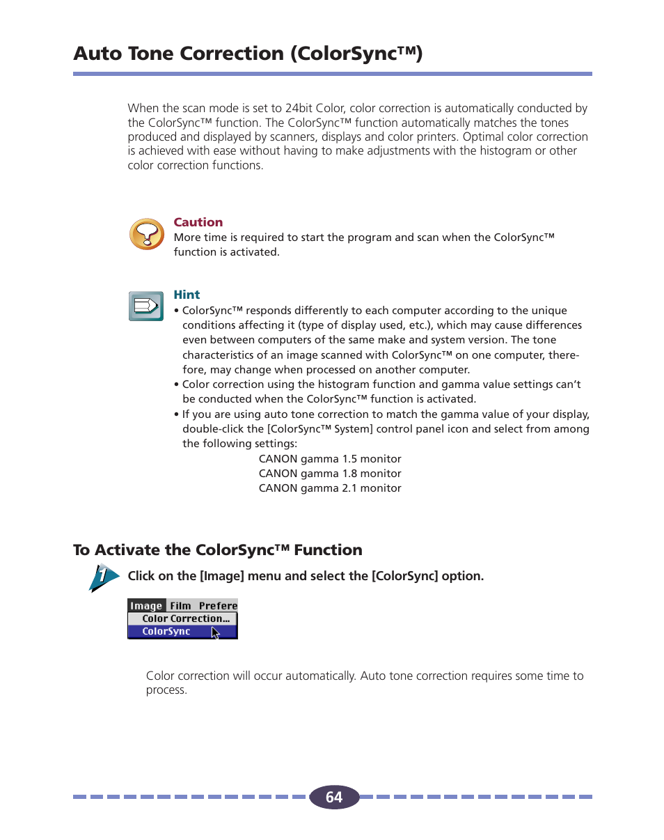 Auto tone correction (colorsync), Auto tone correction (colorsync™), P. 64 | Canon FS 2710 User Manual | Page 64 / 80