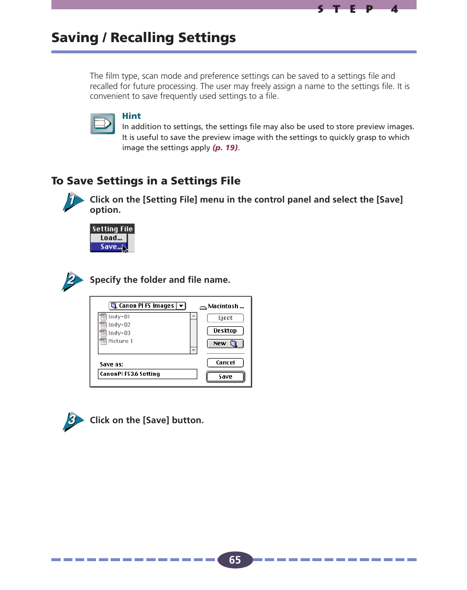 Saving / recalling settings, P. 65 | Canon FS 2710 User Manual | Page 65 / 80