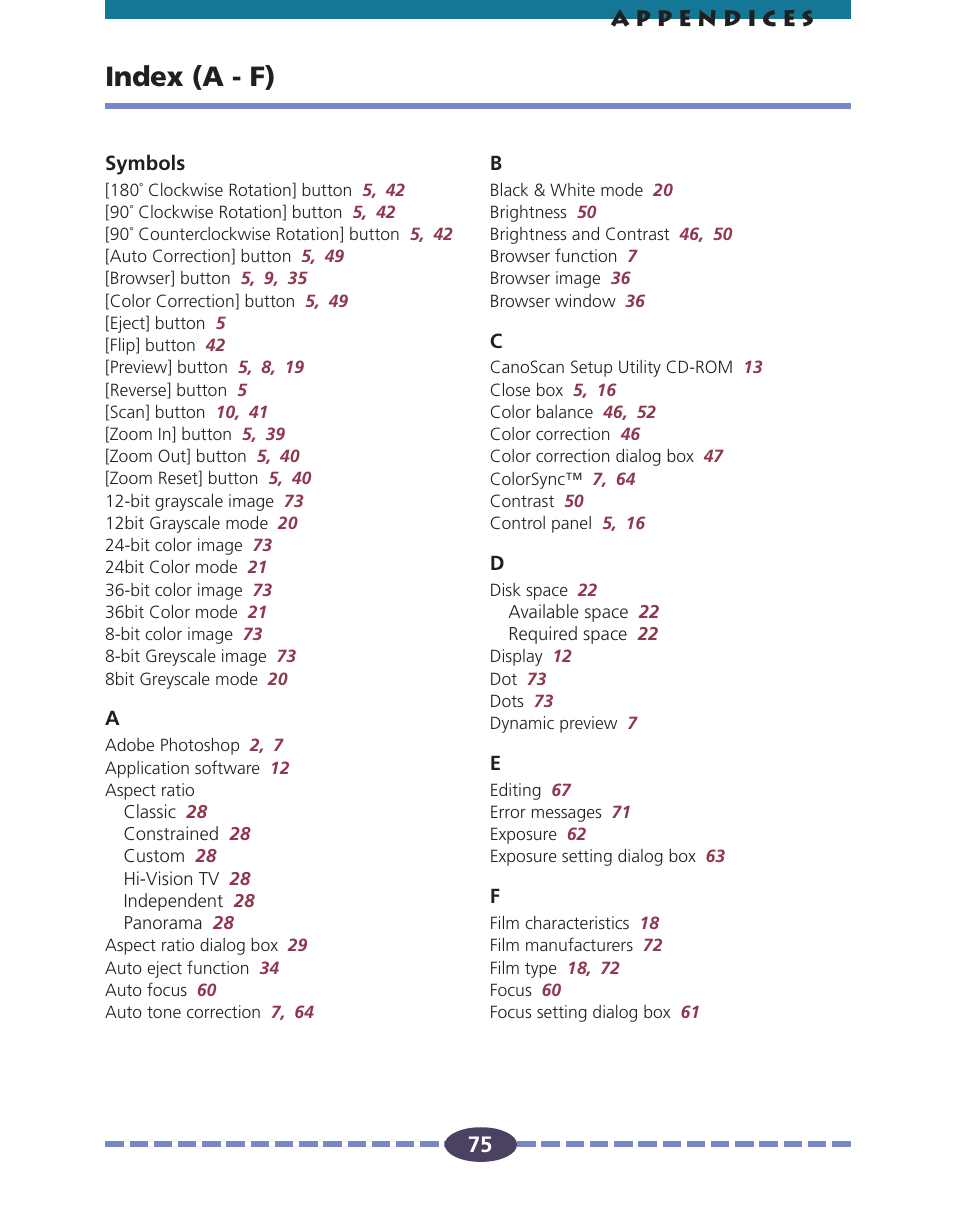 Index (a - f), P. 75 | Canon FS 2710 User Manual | Page 75 / 80