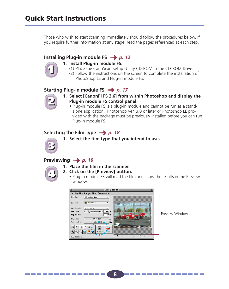 Quick start instructions, P. 8 | Canon FS 2710 User Manual | Page 8 / 80