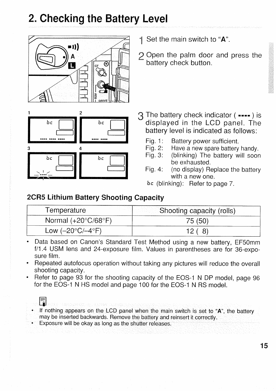 Checking the battery level | Canon EOS 1N RS User Manual | Page 15 / 30