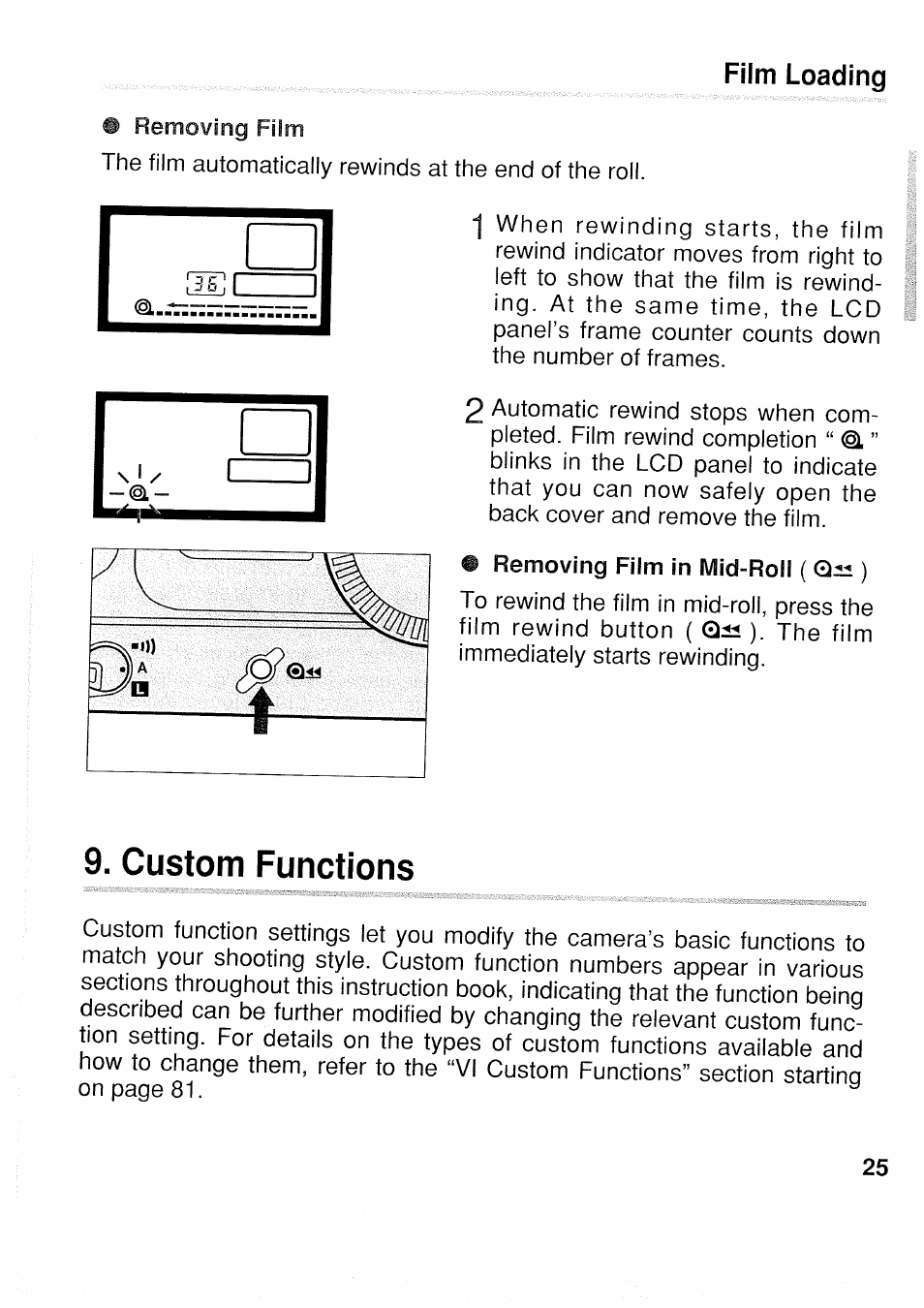 Custom functions, Film loading | Canon EOS 1N RS User Manual | Page 25 / 30