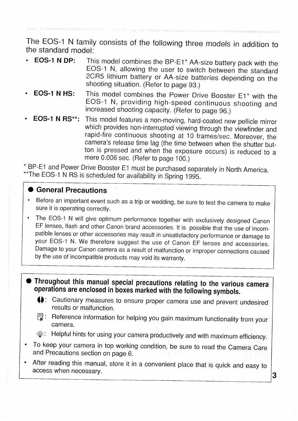 General precautions | Canon EOS 1N RS User Manual | Page 3 / 30