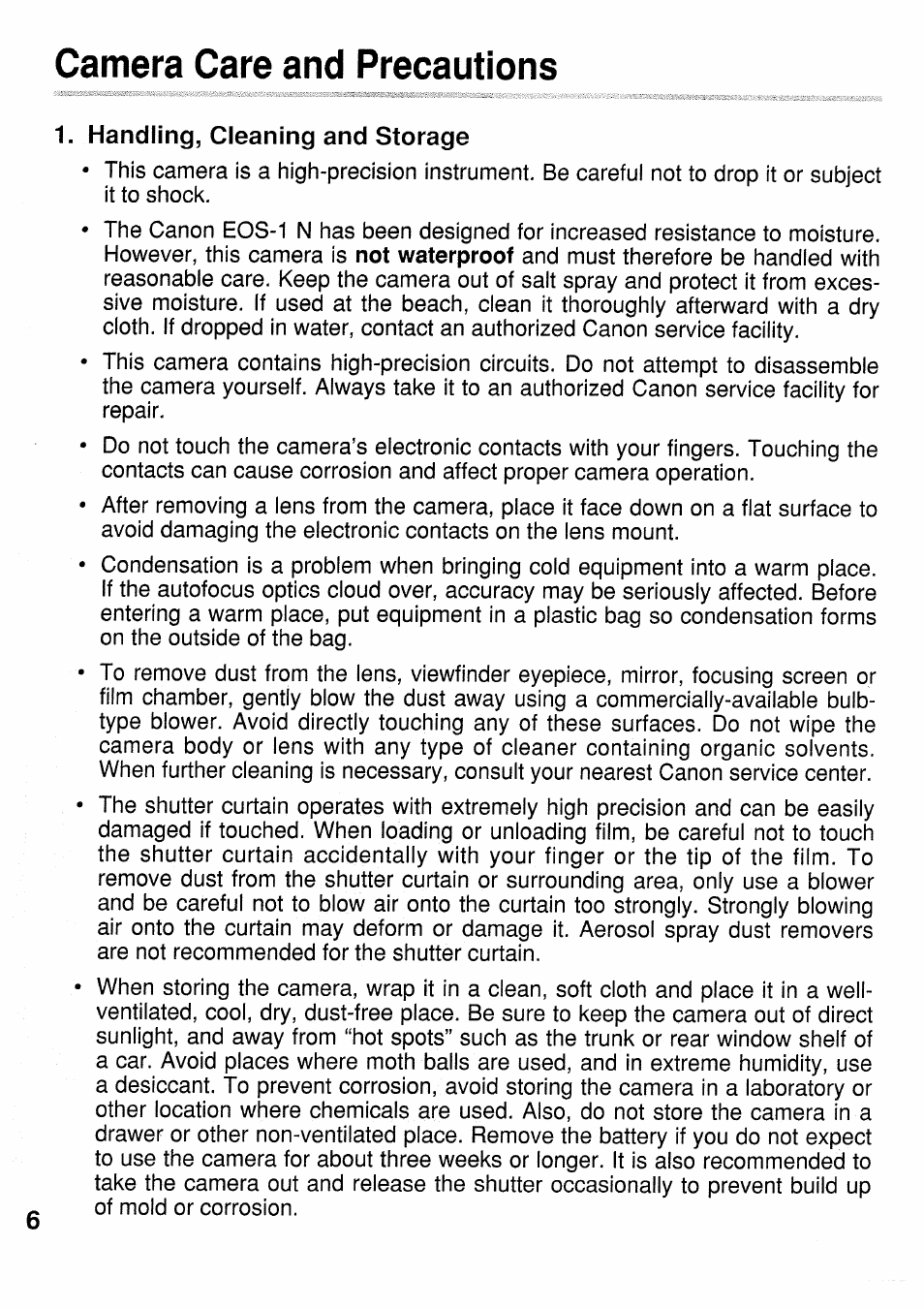 Camera care and precautions | Canon EOS 1N RS User Manual | Page 6 / 30