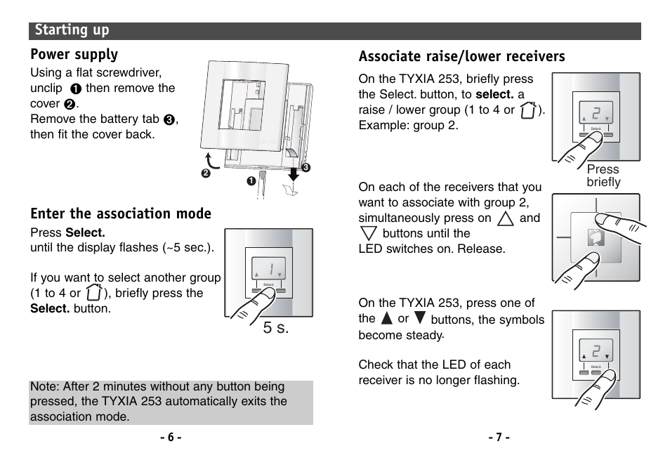 Associate raise/lower receivers, Starting up power supply, Enter the association mode | Delta Dore 253 TYXIA User Manual | Page 4 / 8