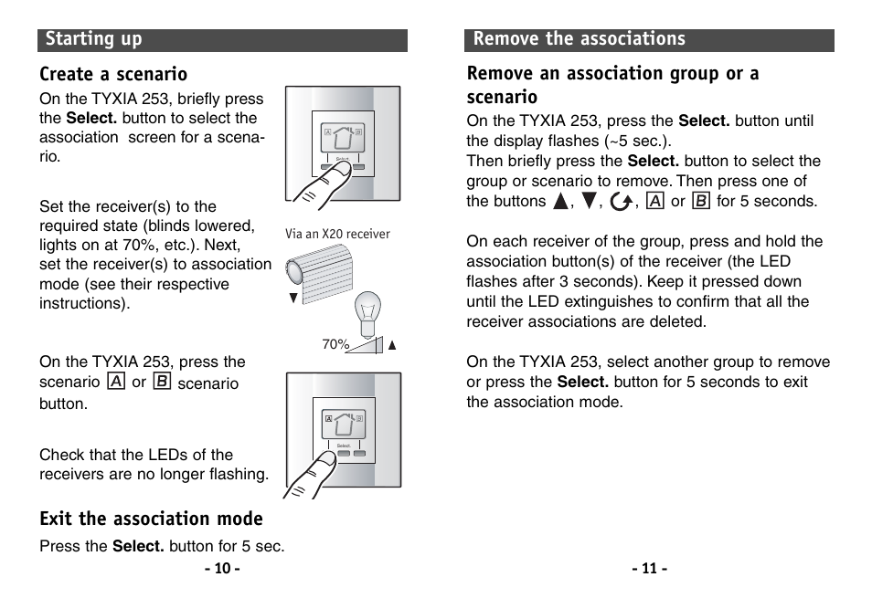 Create a scenario, Exit the association mode, Starting up | Delta Dore 253 TYXIA User Manual | Page 6 / 8