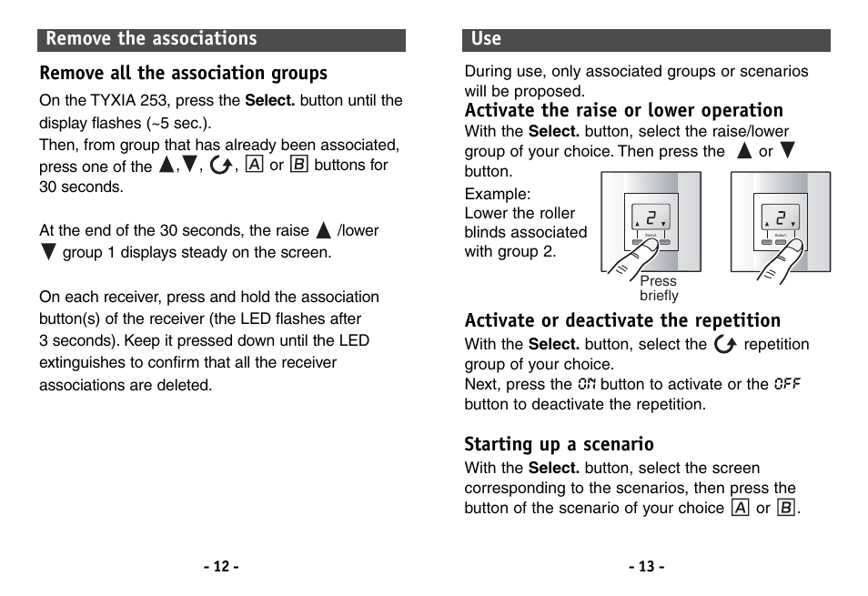 Activate the raise or lower operation, Activate or deactivate the repetition, Starting up a scenario | Delta Dore 253 TYXIA User Manual | Page 7 / 8
