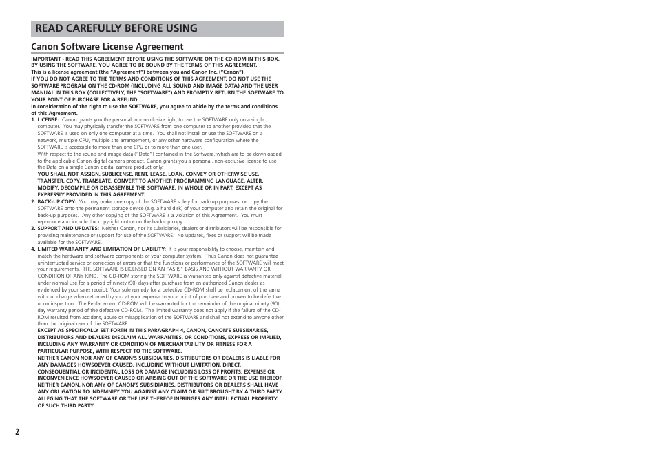 Read carefully before using, Solución de problemas, Canon software license agreement | 299 es | Canon DIM-538 User Manual | Page 2 / 100
