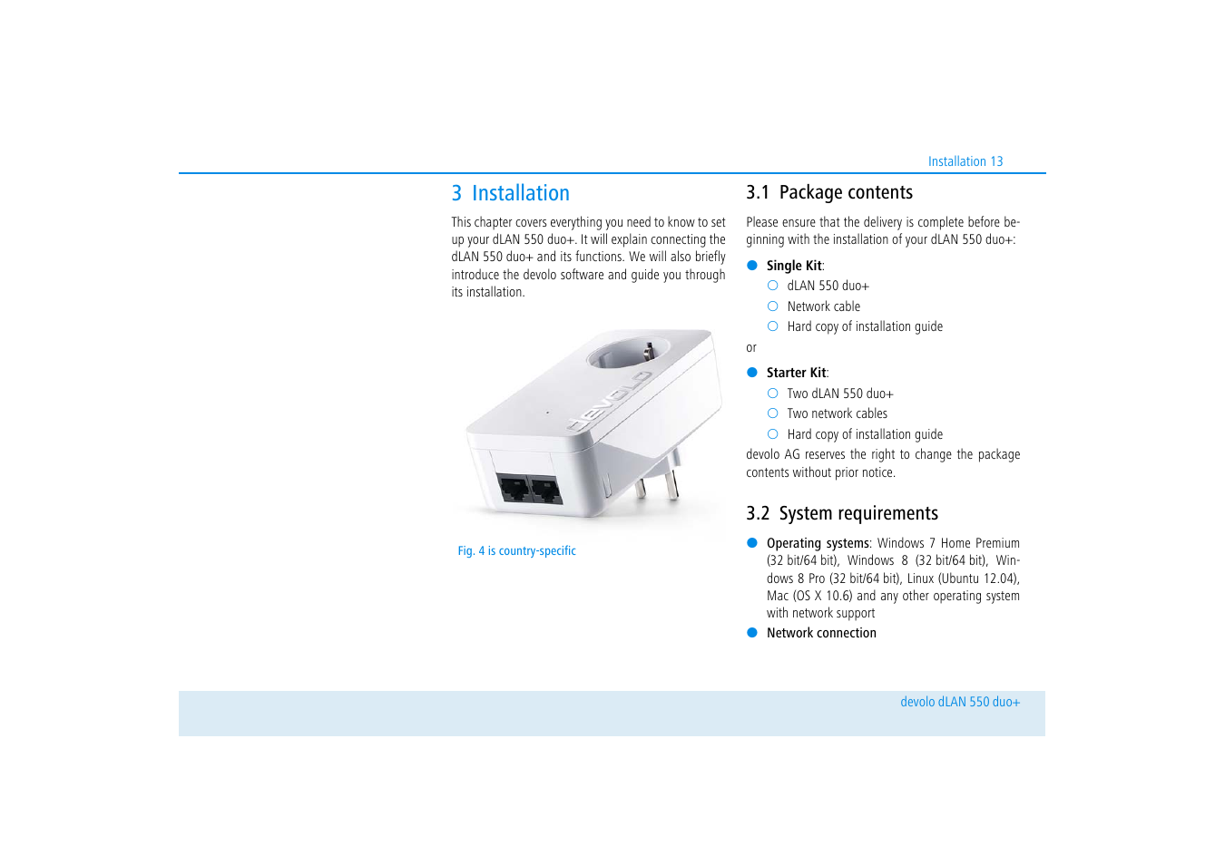 3 installation, 1 package contents, 2 system requirements | Package contents, System requirements | Devolo dLAN 550 duo+ User Manual | Page 14 / 33