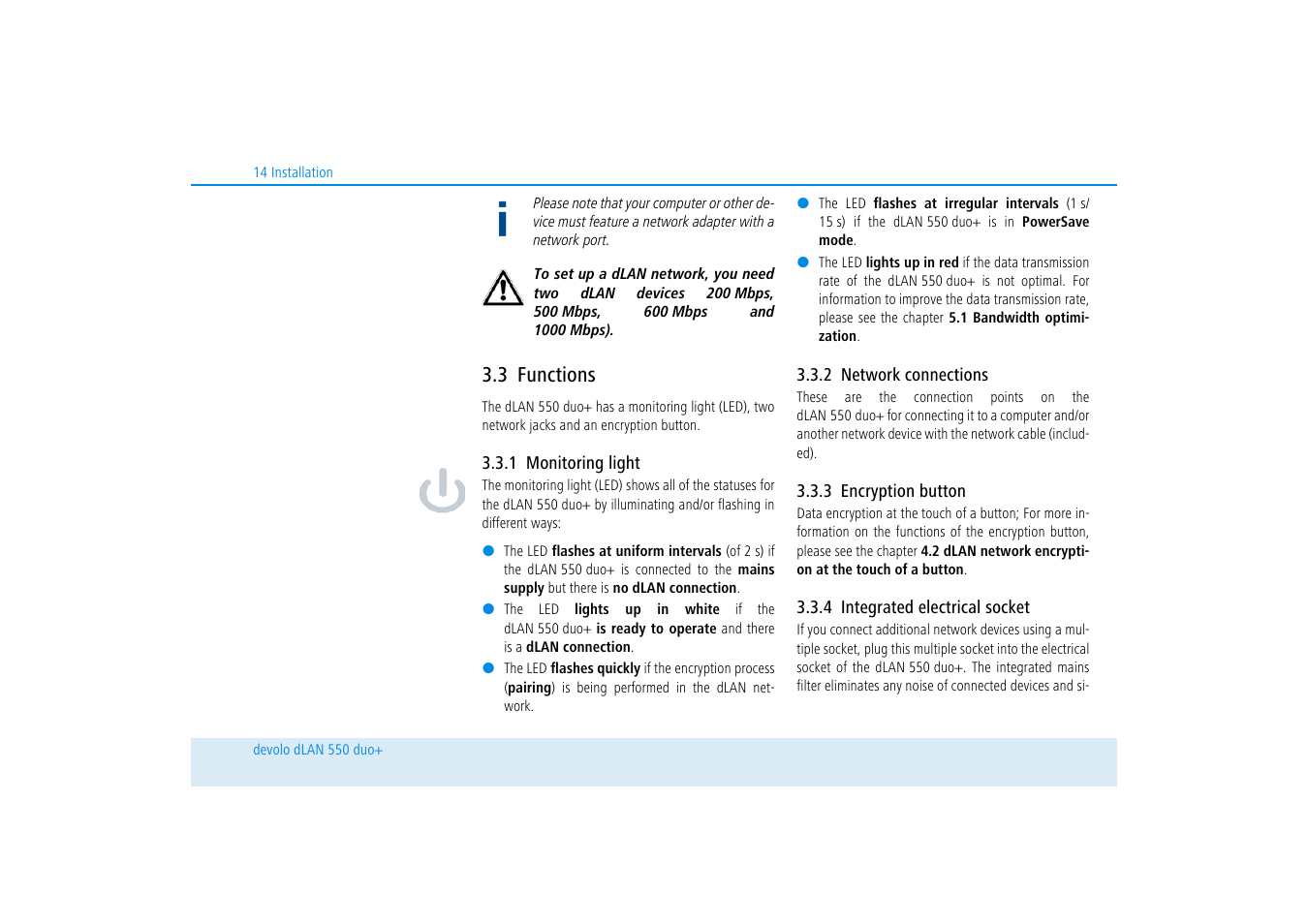 3 functions, 1 monitoring light, 2 network connections | 3 encryption button, 4 integrated electrical socket, Functions, Monitoring light, Network connections, Encryption button, Integrated electrical socket | Devolo dLAN 550 duo+ User Manual | Page 15 / 33
