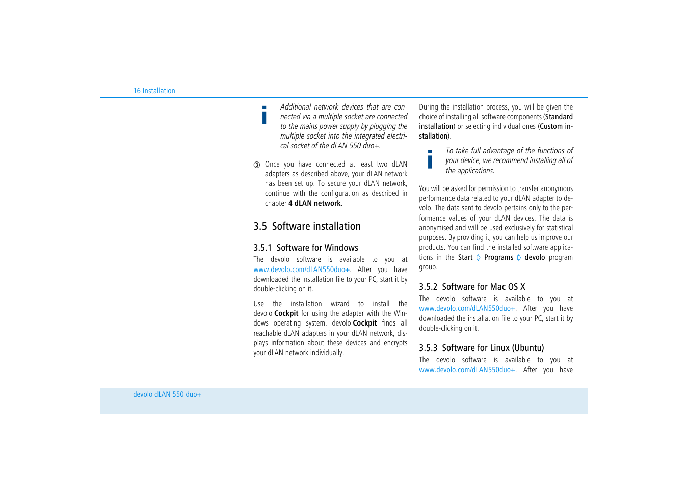 5 software installation, 1 software for windows, 2 software for mac os x | 3 software for linux (ubuntu), Software installation, Software for windows, Software for mac os x, Software for linux (ubuntu) | Devolo dLAN 550 duo+ User Manual | Page 17 / 33