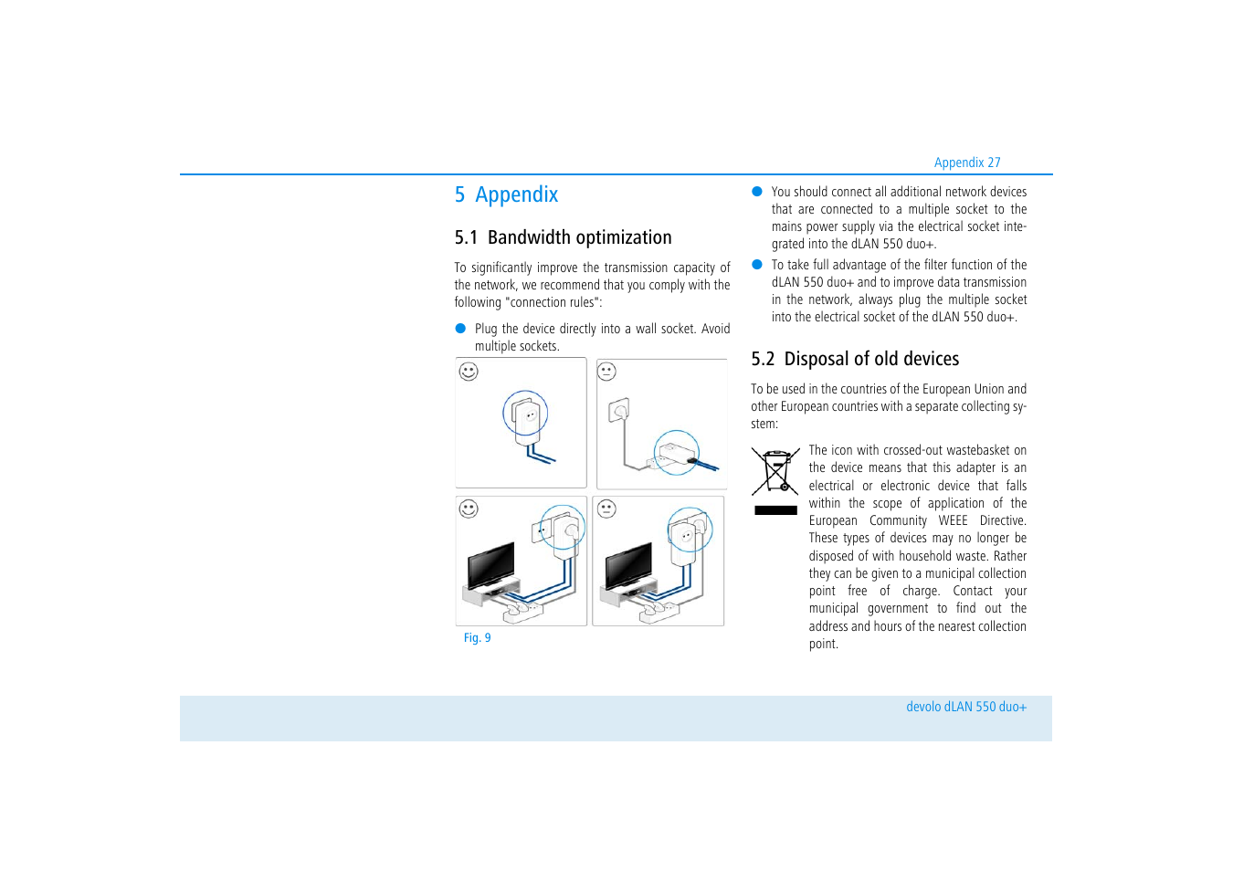 5 appendix, 1 bandwidth optimization, 2 disposal of old devices | Bandwidth optimization, Disposal of old devices | Devolo dLAN 550 duo+ User Manual | Page 28 / 33