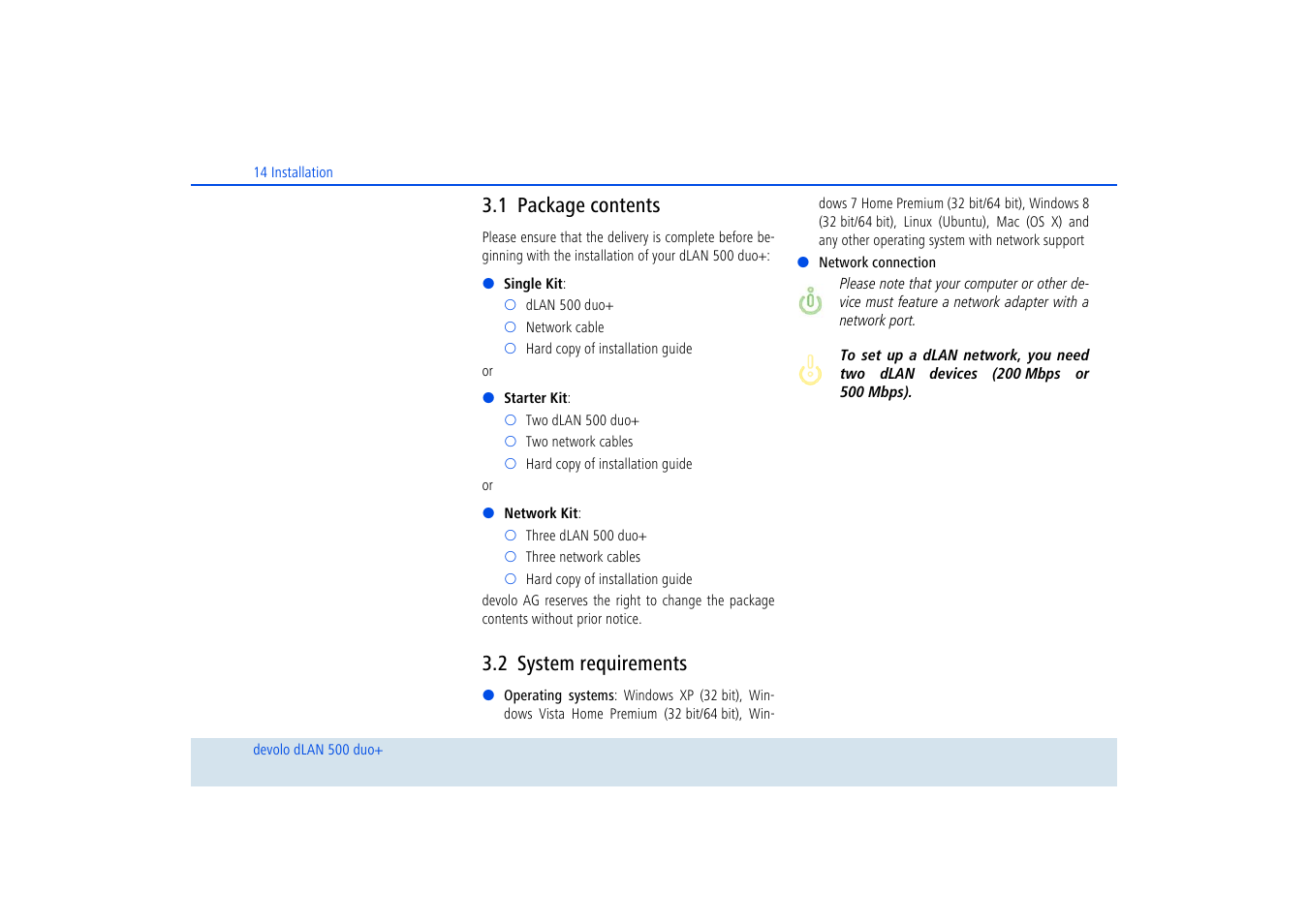 1 package contents, 2 system requirements, Package contents | System requirements | Devolo dLAN 500 duo+ User Manual | Page 15 / 33