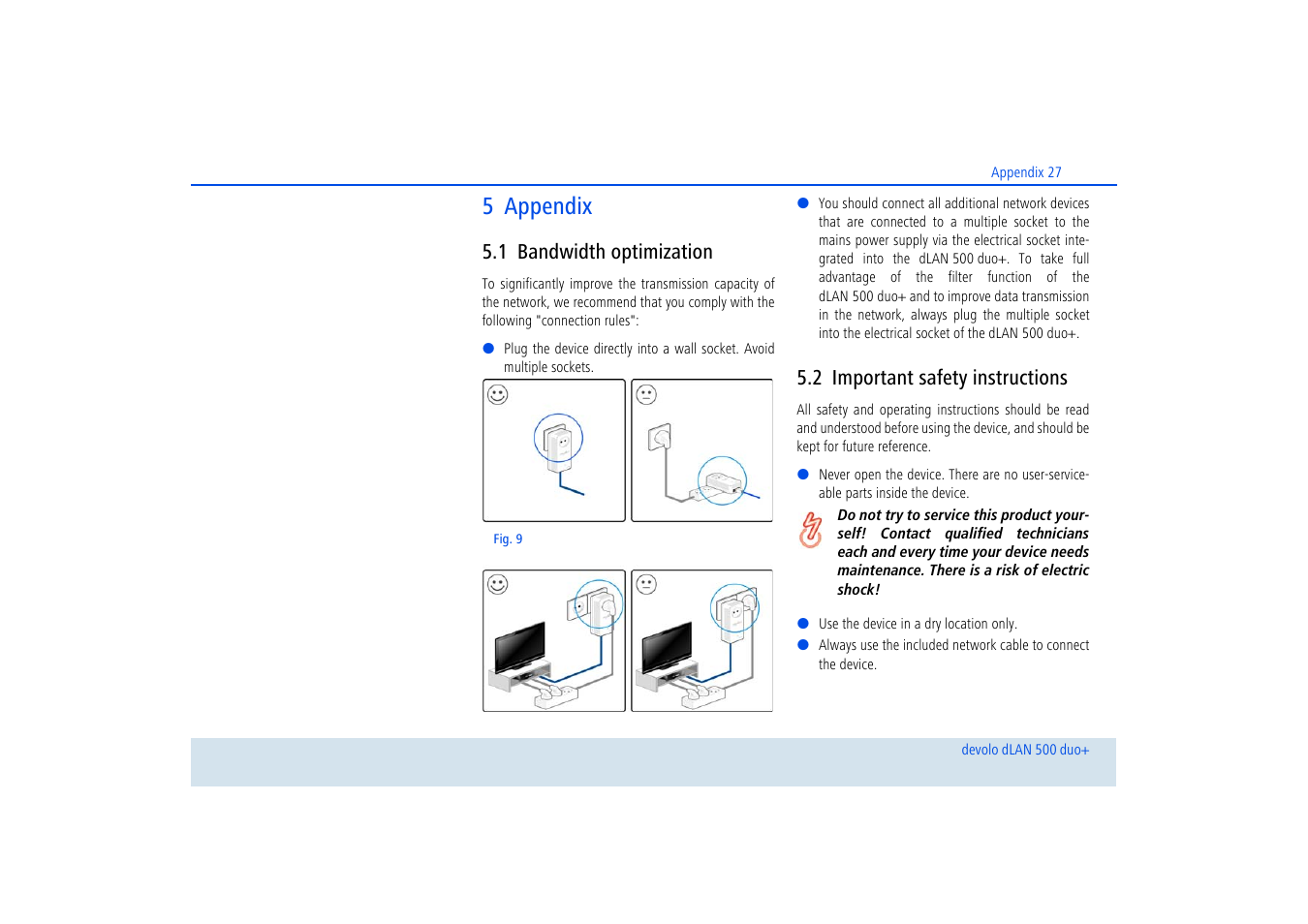 5 appendix, 1 bandwidth optimization, 2 important safety instructions | Bandwidth optimization, Important safety instructions | Devolo dLAN 500 duo+ User Manual | Page 28 / 33