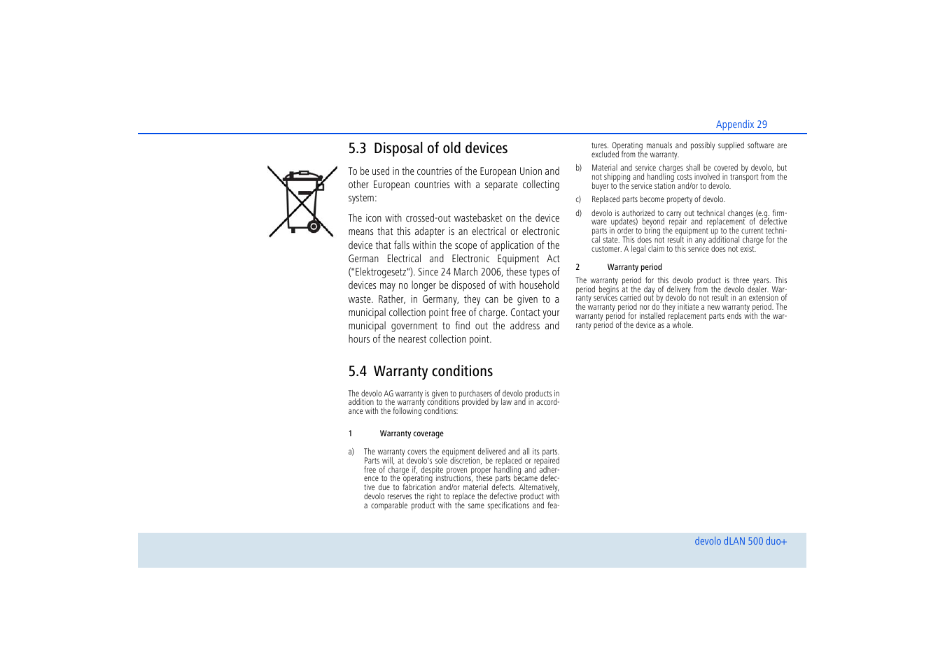 3 disposal of old devices, 4 warranty conditions, Disposal of old devices | Warranty conditions | Devolo dLAN 500 duo+ User Manual | Page 30 / 33