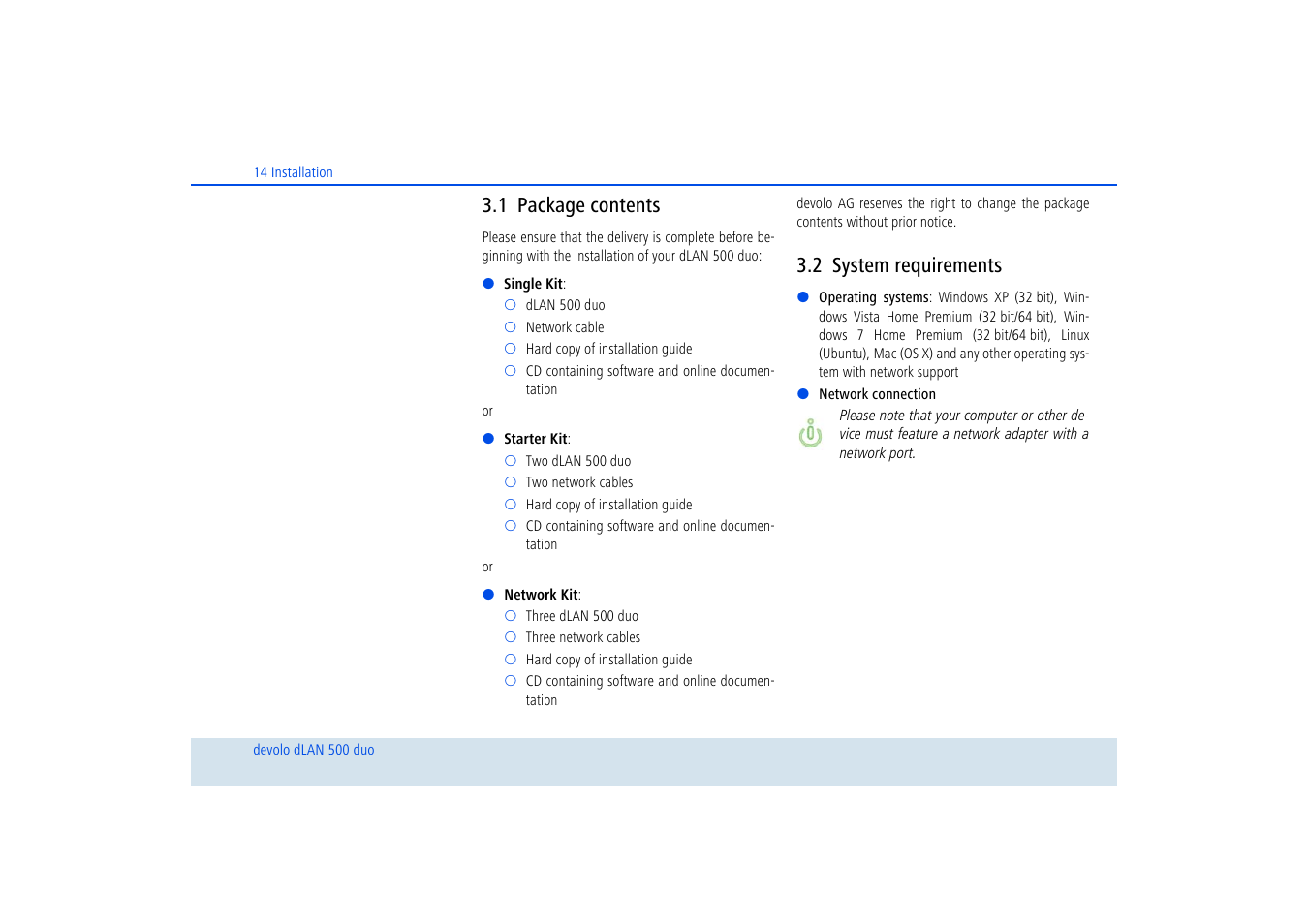 1 package contents, 2 system requirements, Package contents | System requirements | Devolo dLAN 500 duo+ User Manual | Page 15 / 33