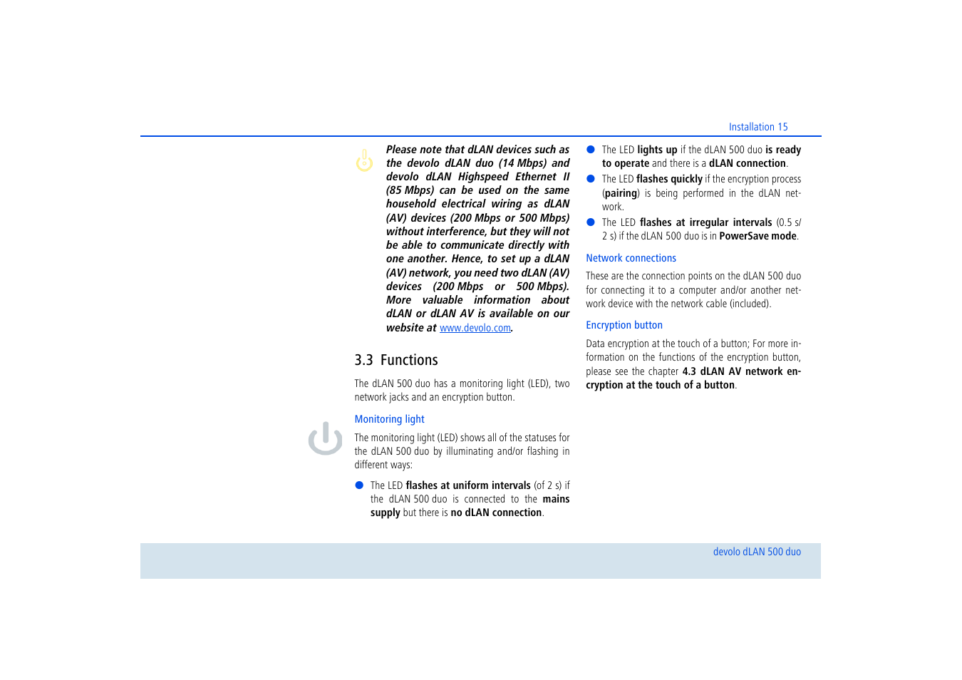 3 functions, Functions | Devolo dLAN 500 duo+ User Manual | Page 16 / 33